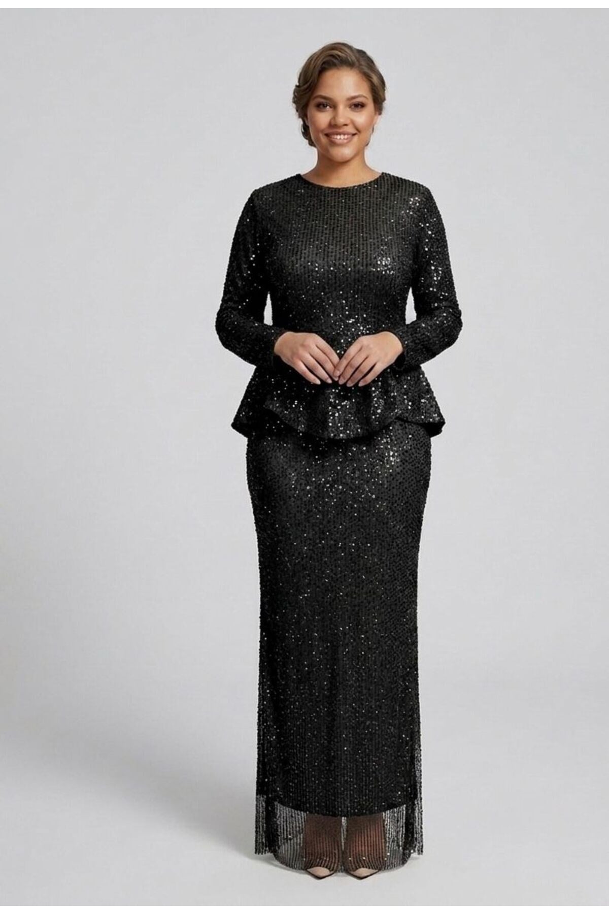 Noveradress Işıltılı Kesme Boncuk Payet Kumaş Zarif Peplum Tesettür Abiye - Gold/Siyah/Lacivert