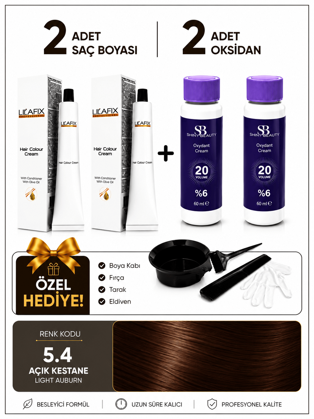 Açık Kestane 5.4 Saç Boyası Seti 2'li + %6 20 Vol Oksidan + Boyama Hediye Seti