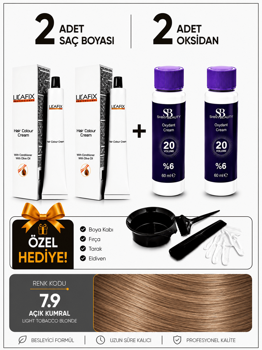 Açık kumral 7.9 Saç Boyası Seti 2'li + %6 20 Vol Oksidan + Boyama Hediye Seti