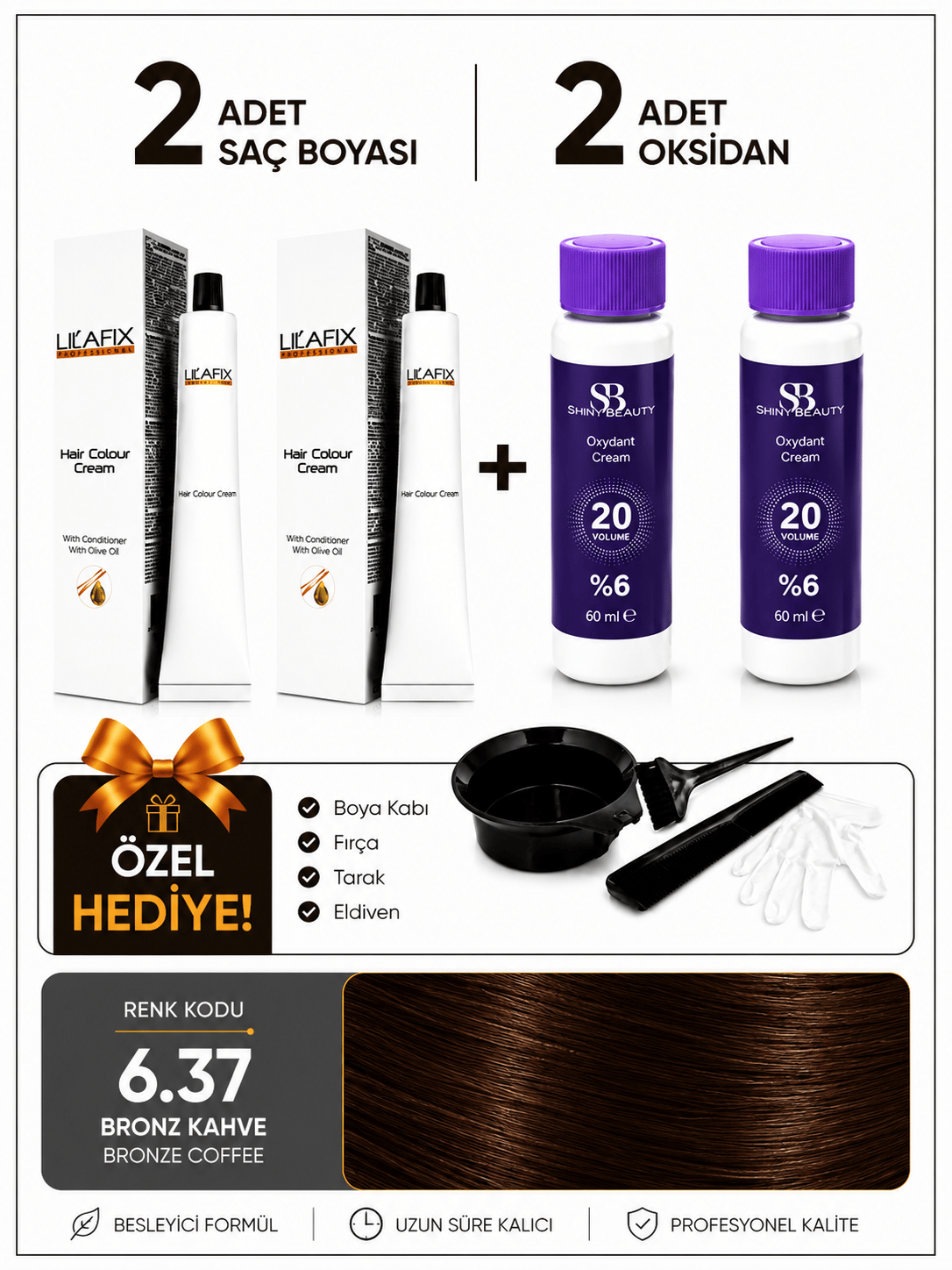 Bronz Kahve 6.37 Saç Boyası Seti 2'li + %6 20 Vol Oksidan + Boyama Hediye Seti