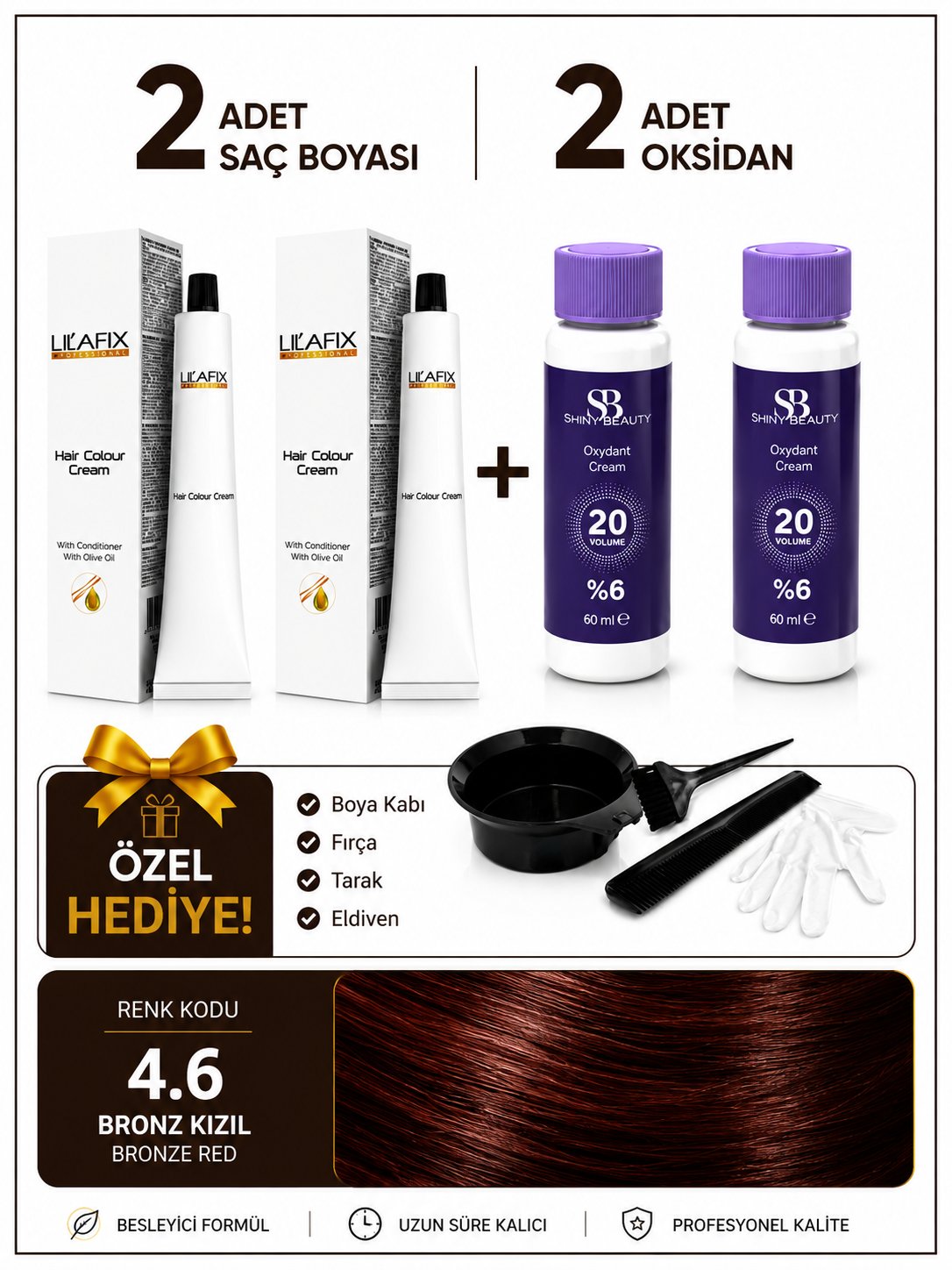 Bronz Kızıl 4.6 Saç Boyası Seti 2'li + %6 20 Vol Oksidan + Boyama Hediye Seti