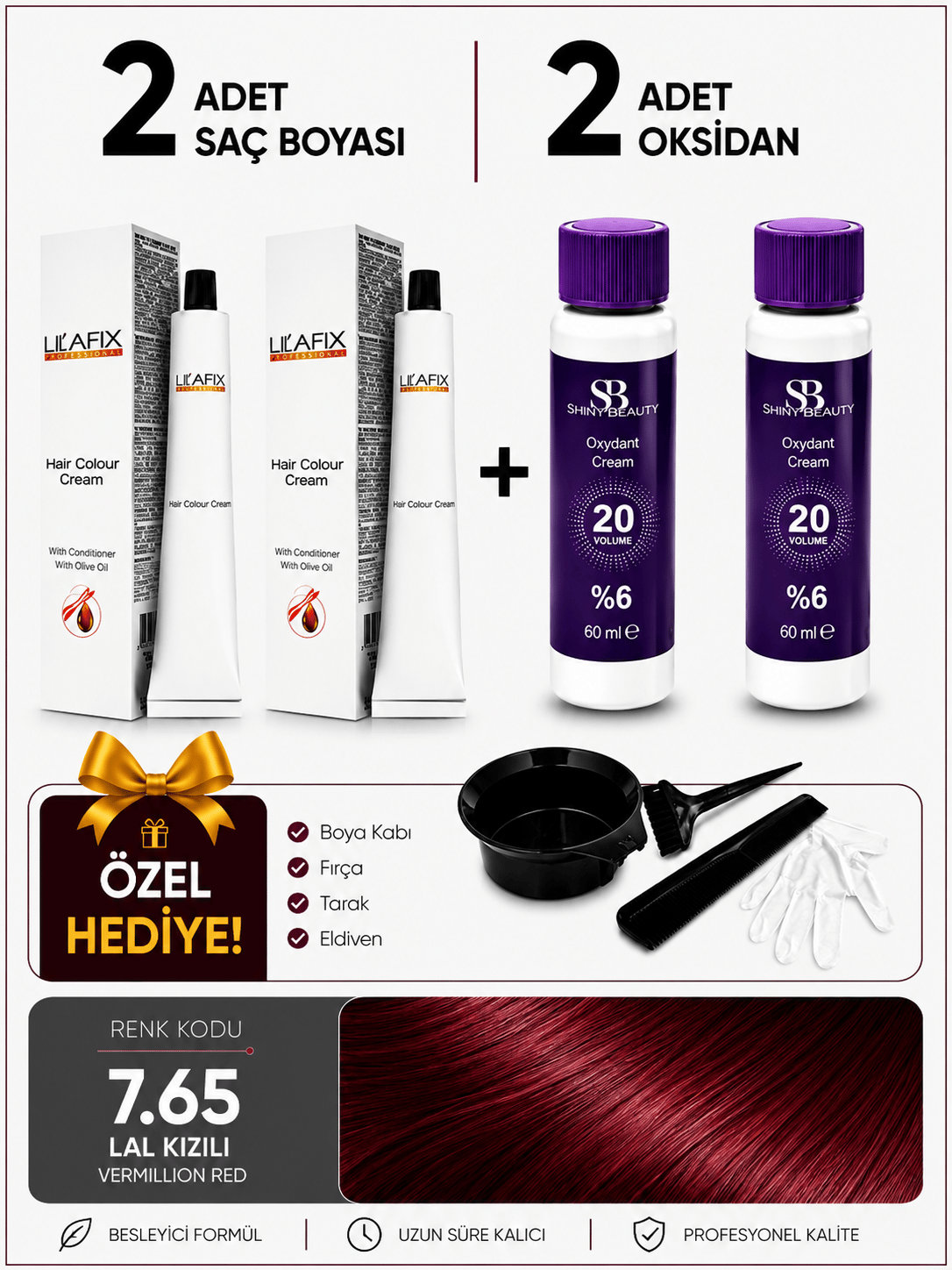Lal Kızılı Saç Boyası Seti 2'li 7.65 + %6 20 Vol Oksidan + Boyama Hediye Seti