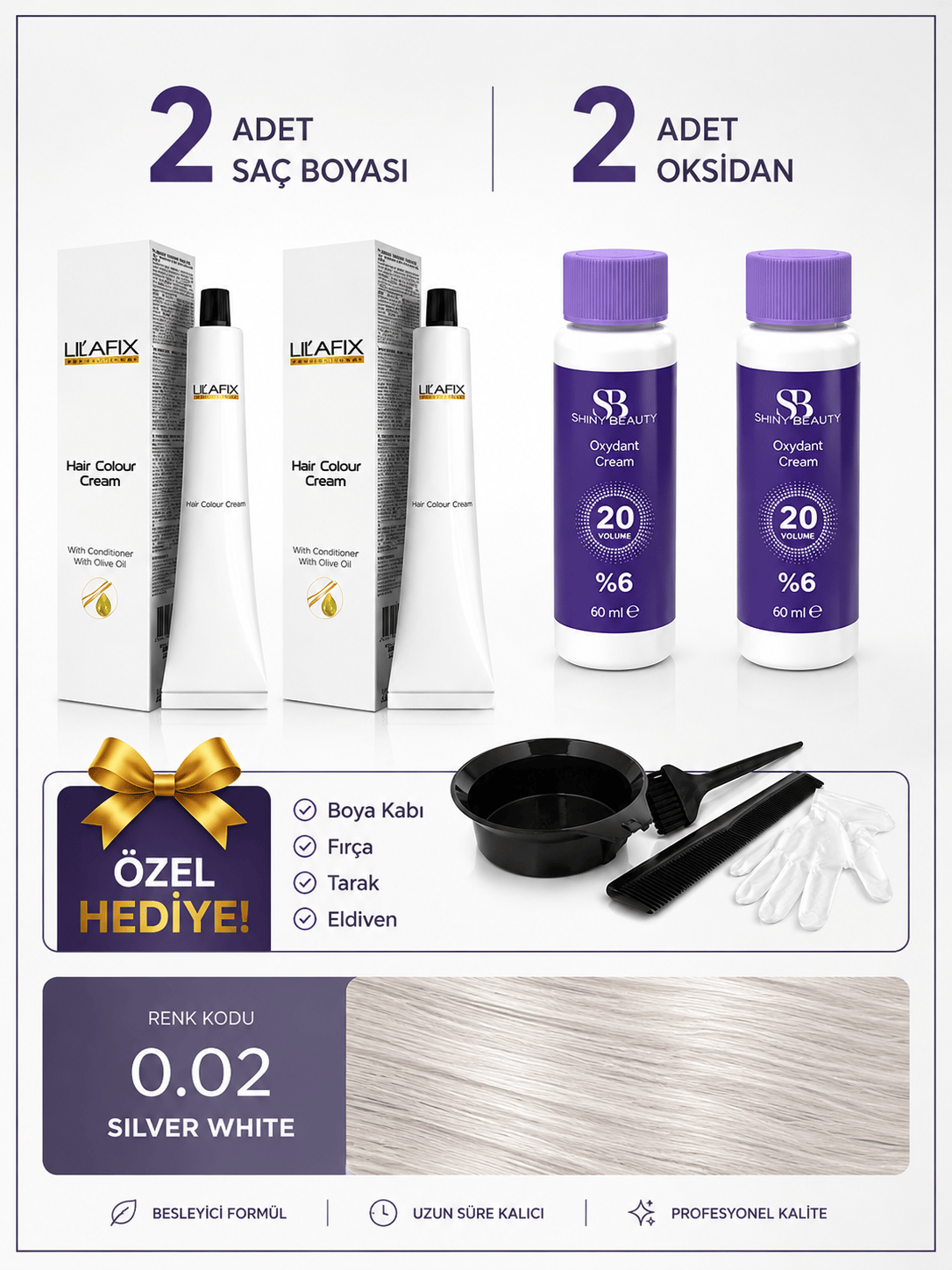 Silver White 0.02 Saç Boyası Seti 2'li + %6 20 Vol Oksidan + Boyama Hediye Seti