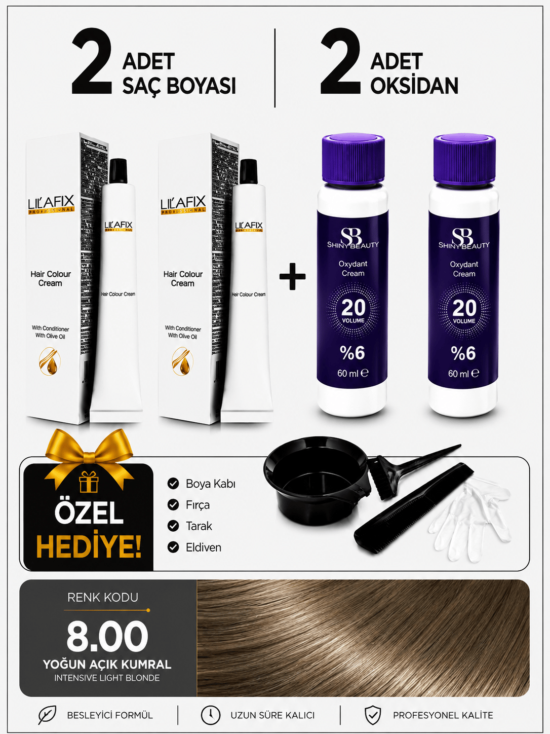 Yoğun açık kumral 8.00 Saç Boyası Seti 2'li + %6 20 Vol Oksidan + Boyama Hediye Seti