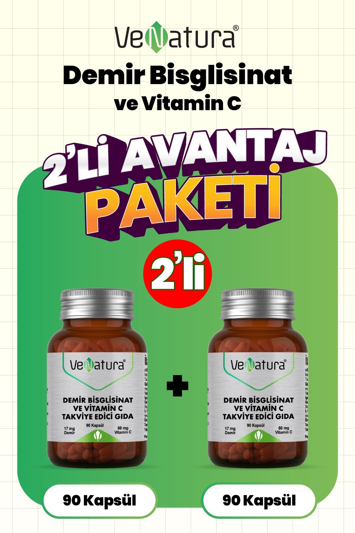 Demir Bisglisinat Vitamin C 90 Kapsül 2 Adet