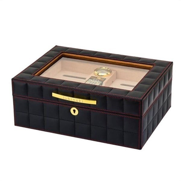 Lubinski Deri Camlı Humidor Puro Kutusu Siyah 50s