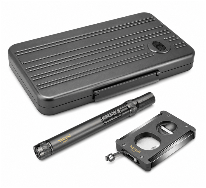 Lubinski Special Edt. Aluminyum Slim Puro Taşıma Çantası Grey Çakmak+V-Cut Kesici/Delici Set