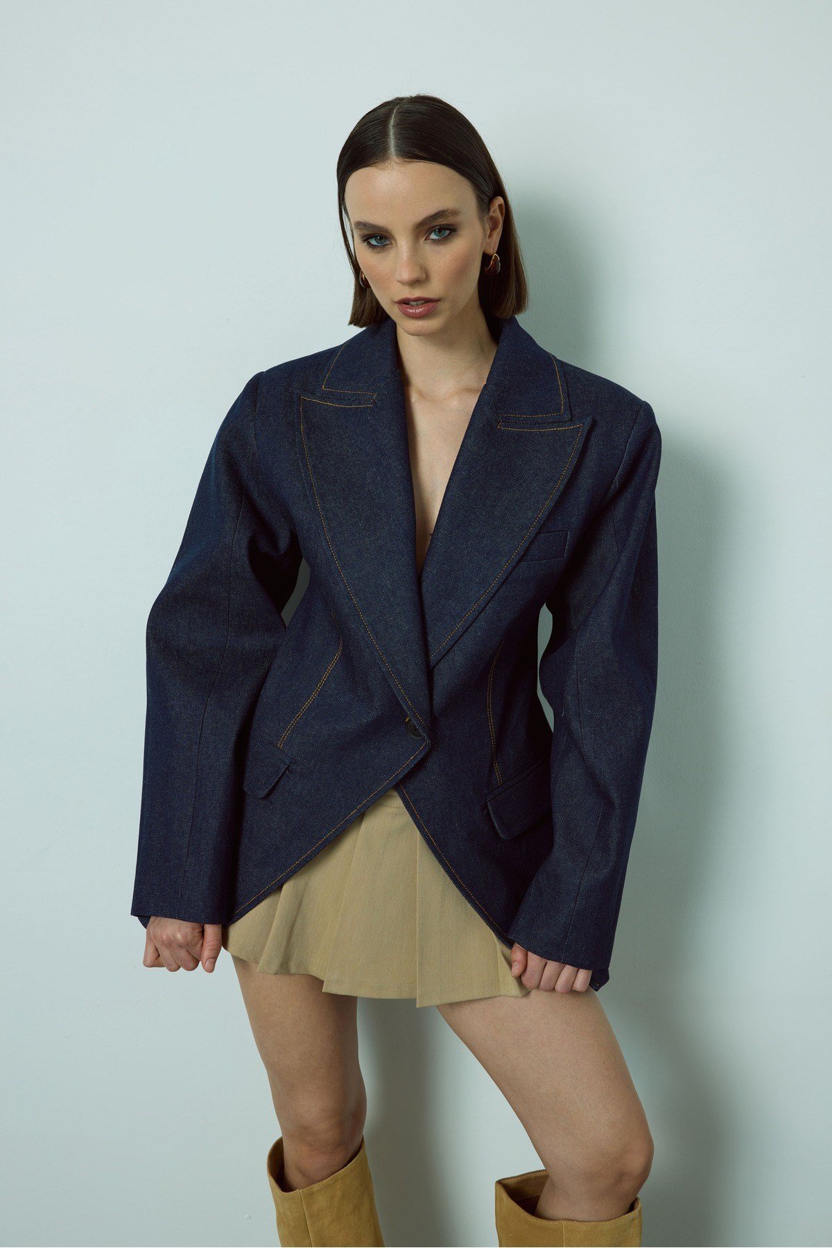 Kadın Lacivert Vatkalı Premium Denim Blazer Ceket