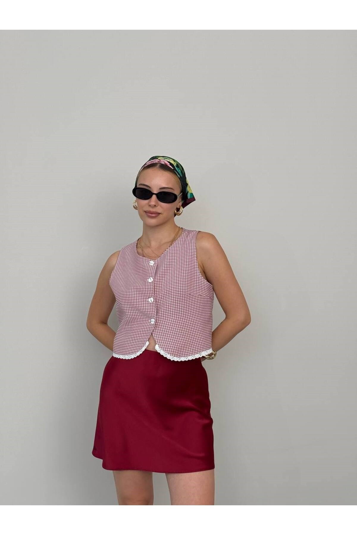 Kadın Pembe Bisiklet Yaka Pötikareli Crop Yelek