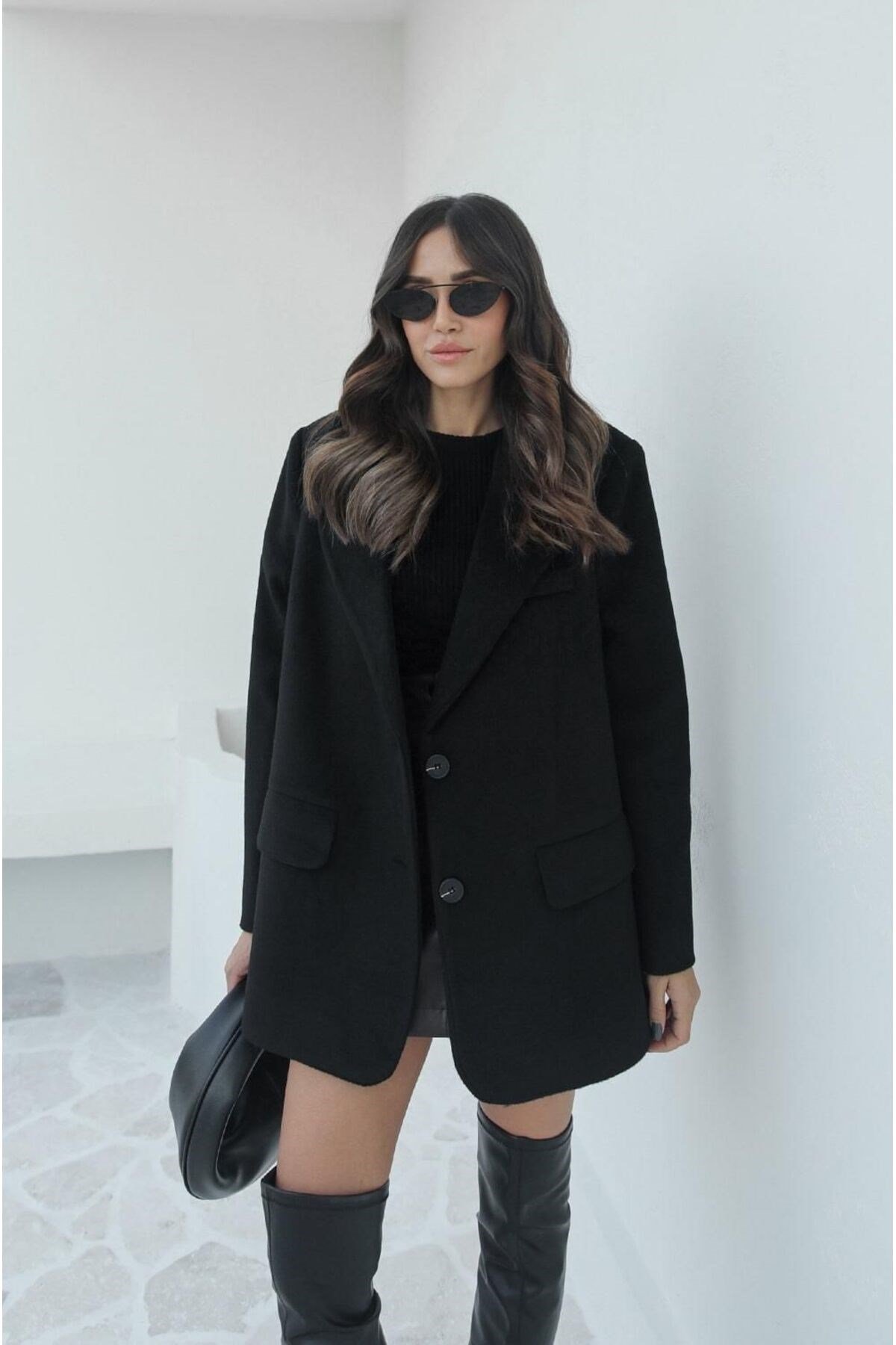 Kadın Siyah Cep Detaylı Oversize Blazer Ceket