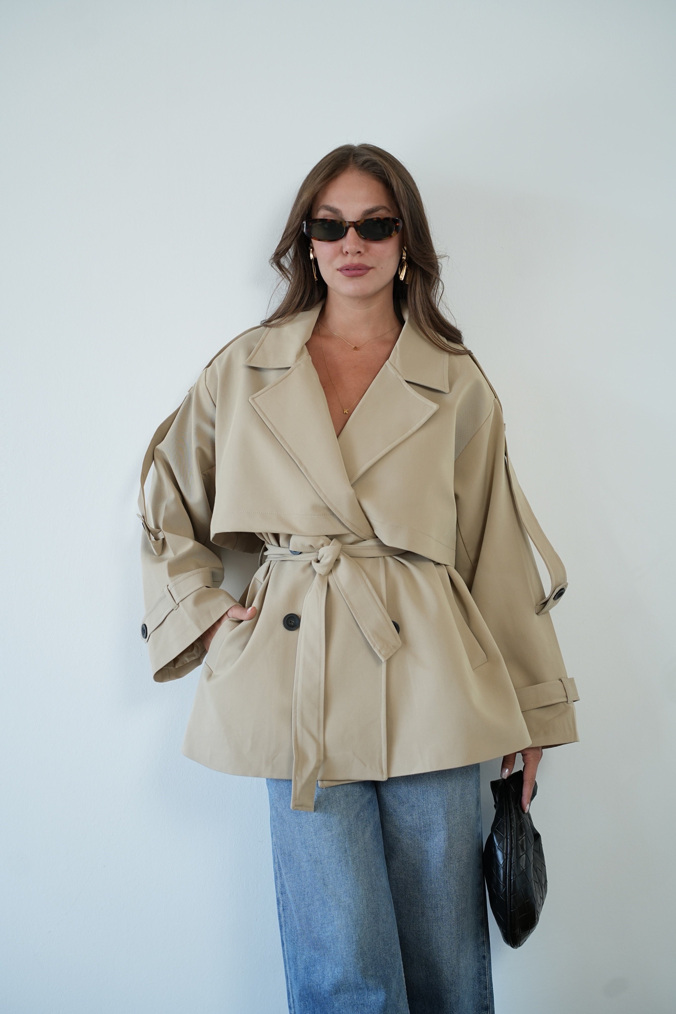 Kadın Taş Rengi Kuşak Detaylı Trençkot