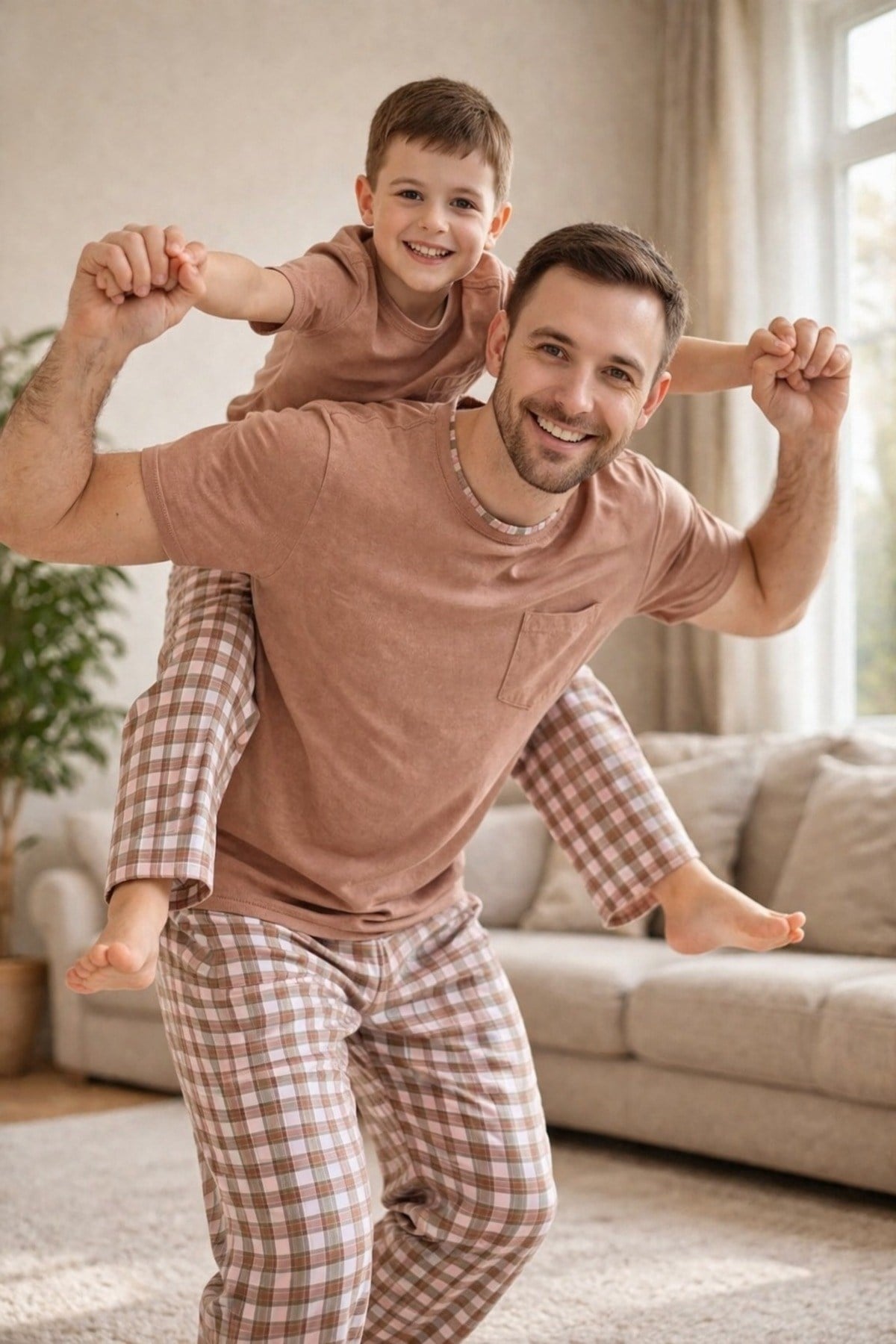 Açık Kahverengi Kısa Kol Baba-Oğul Cepli Pijama Takım