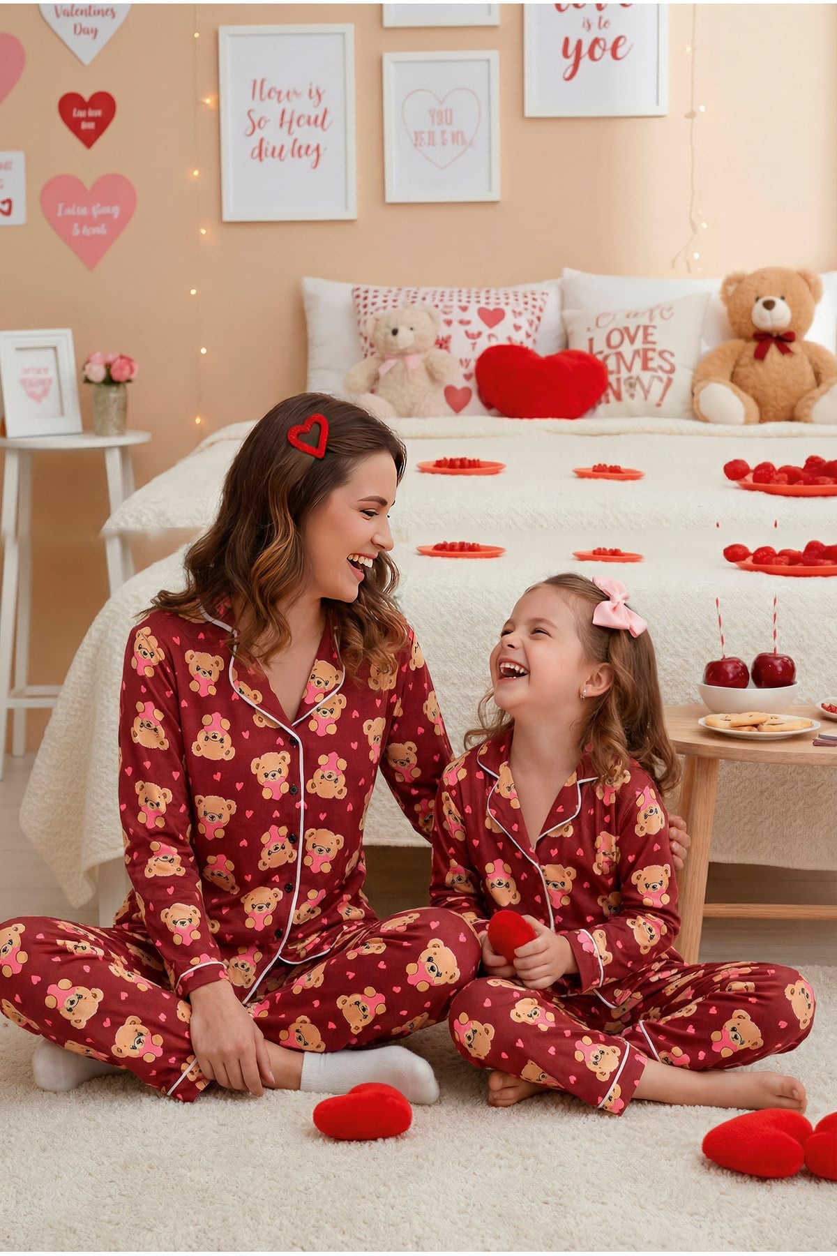 Anne-Kız Ayıcık Desenli Düğmeli Örme Uzun Kollu Pijama Takımı