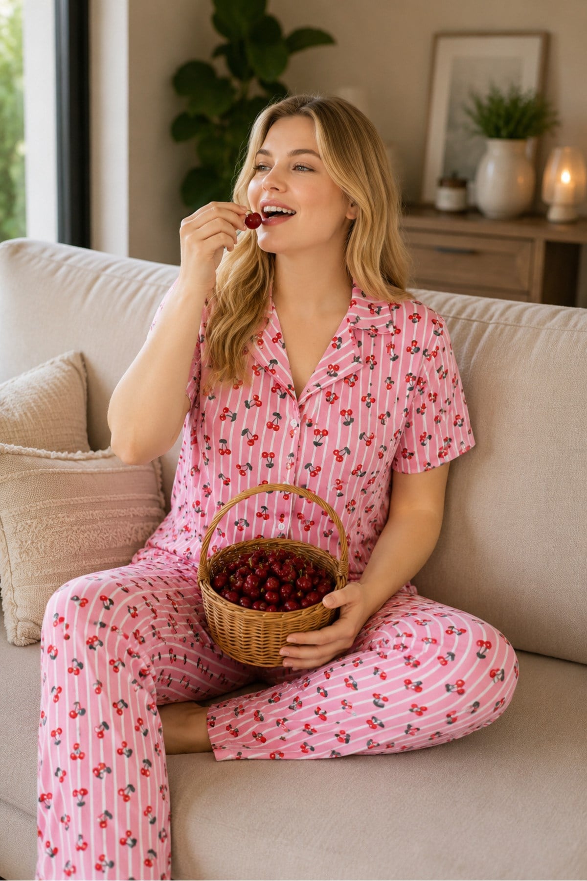 Büyük Beden Cizgili Kiraz Desen Milan Düğmeli Pijama Takımı
