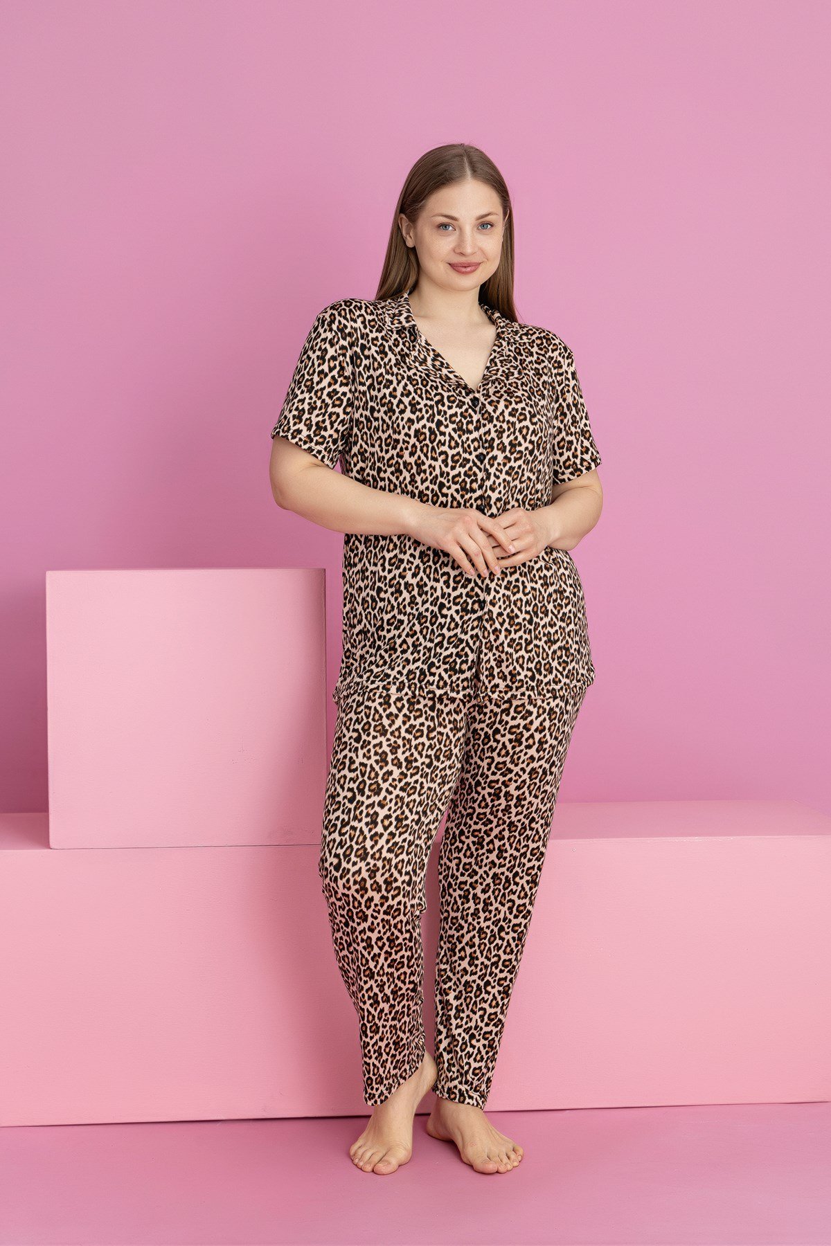 Büyük Beden Leopar Desen Milan Düğmeli Pijama Takımı