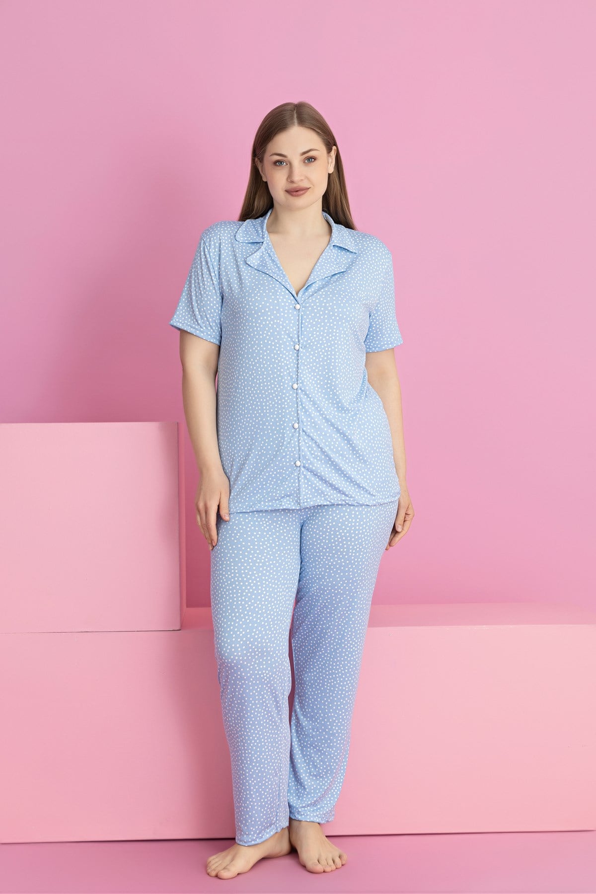 Büyük Beden MAVI PUANTIYE DESEN MİLAN Düğmeli Pijama Takımı