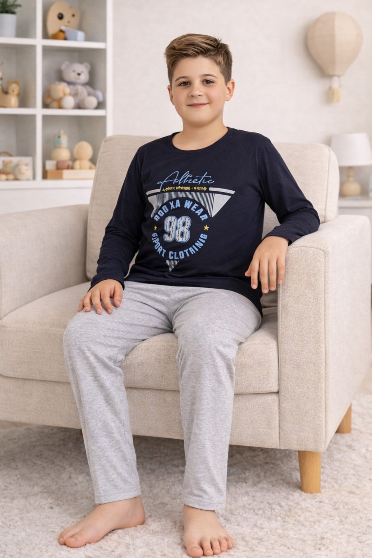 Erkek Çocuk Pijama Takımı Baskılı Uzun Kollu Üst Uzun Alt