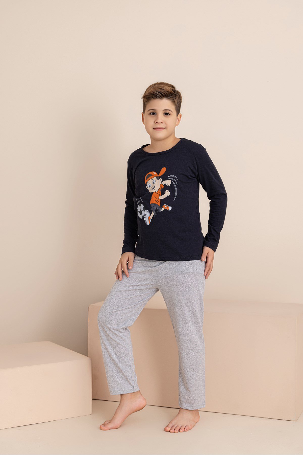 Erkek Çocuk Pijama Takımı Baskılı Uzun Kollu Üst Uzun Alt
