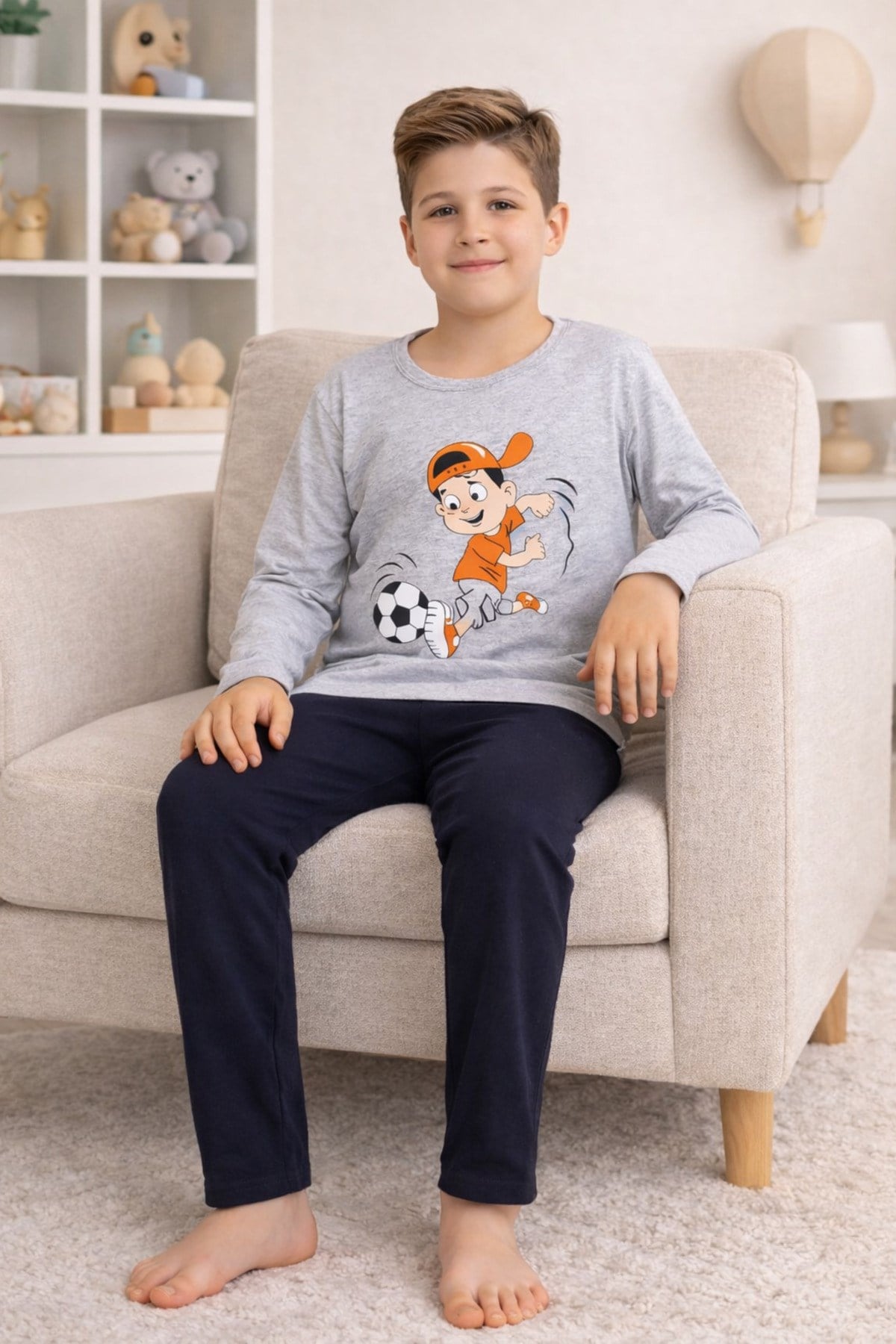 Erkek Çocuk Pijama Takımı Baskılı Uzun Kollu Üst Uzun Alt