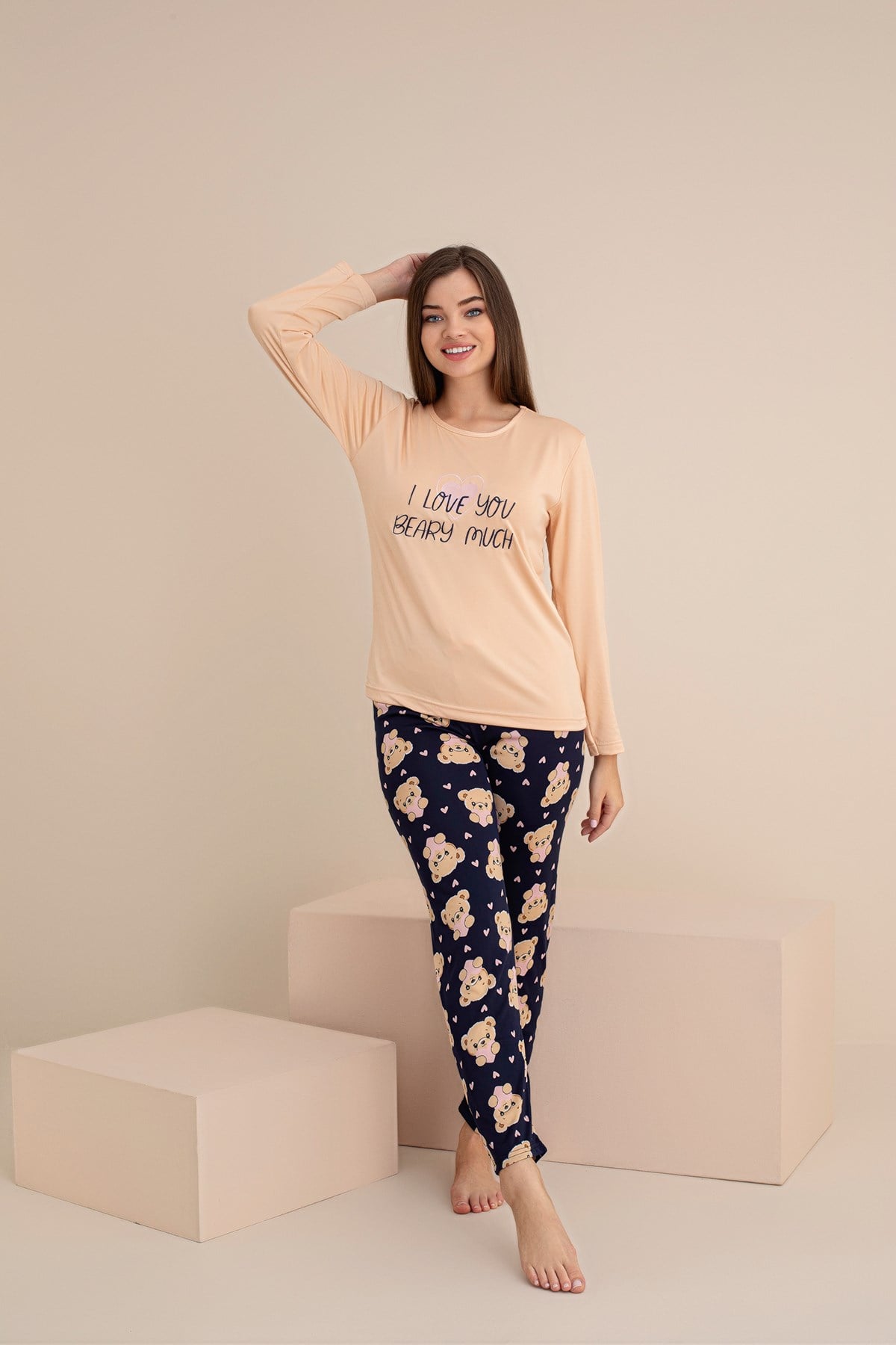 KADIN AYICIK BASKILI Milan Örme Uzun Kol Kadın Pijama Takımı