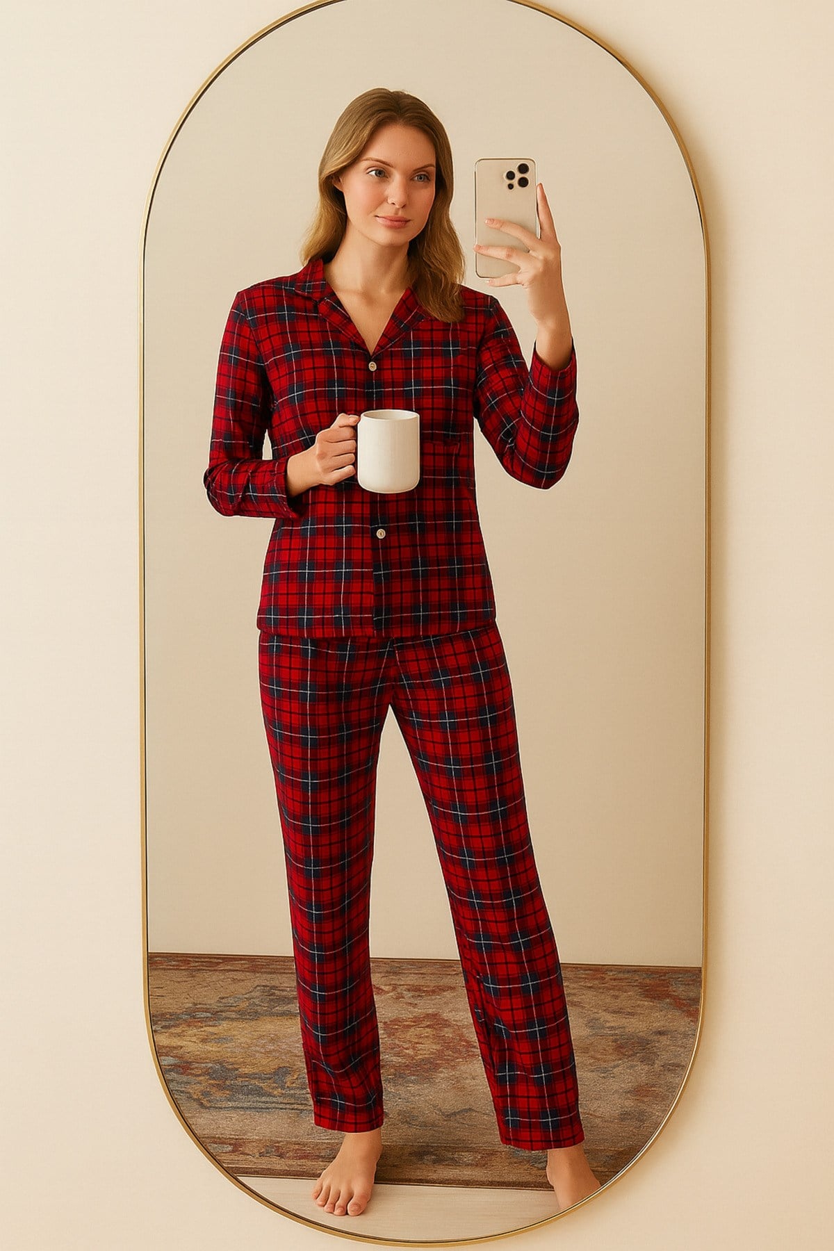 Kadın EKOSE Desenli Süet Örme Uzun Kol Kadın Düğmeli Pijama Takımı