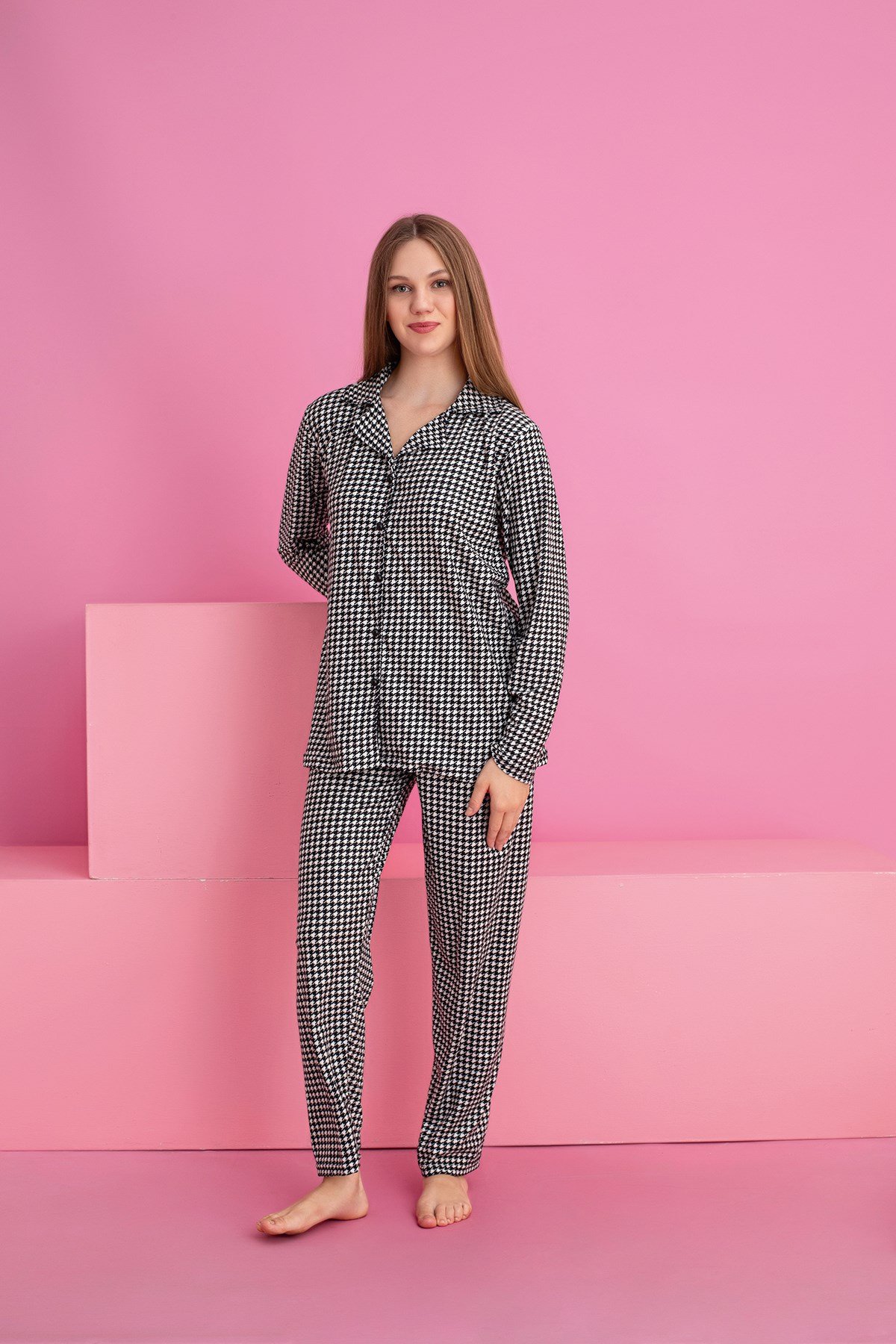 Kadın KARELİ Desenli Süet Örme Uzun Kol Kadın Düğmeli Pijama Takımı