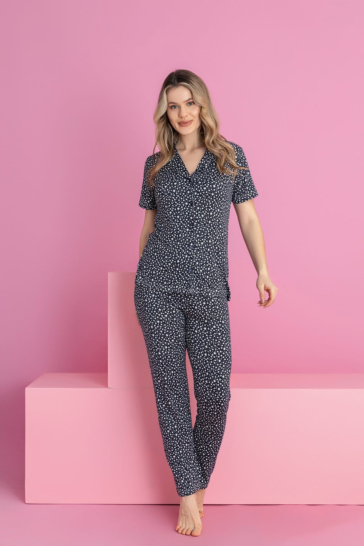 Kadın MİLAN Küçük Yıldız Desenli Düğmeli Pijama Takımı