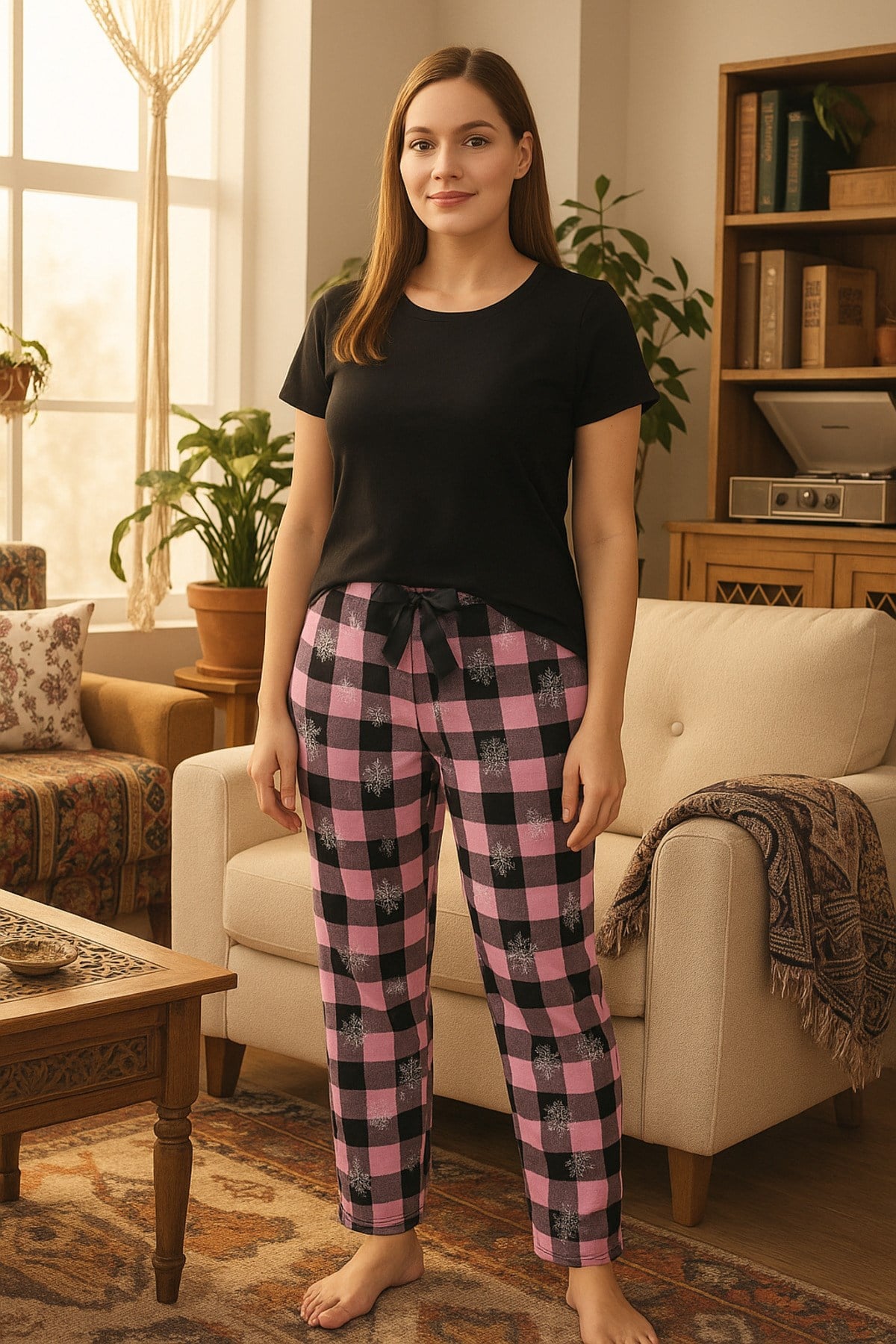 Kadın Pijama Cepsiz Fiyonk ve Bel Lastik Detaylı Baskılı Tek Alt
