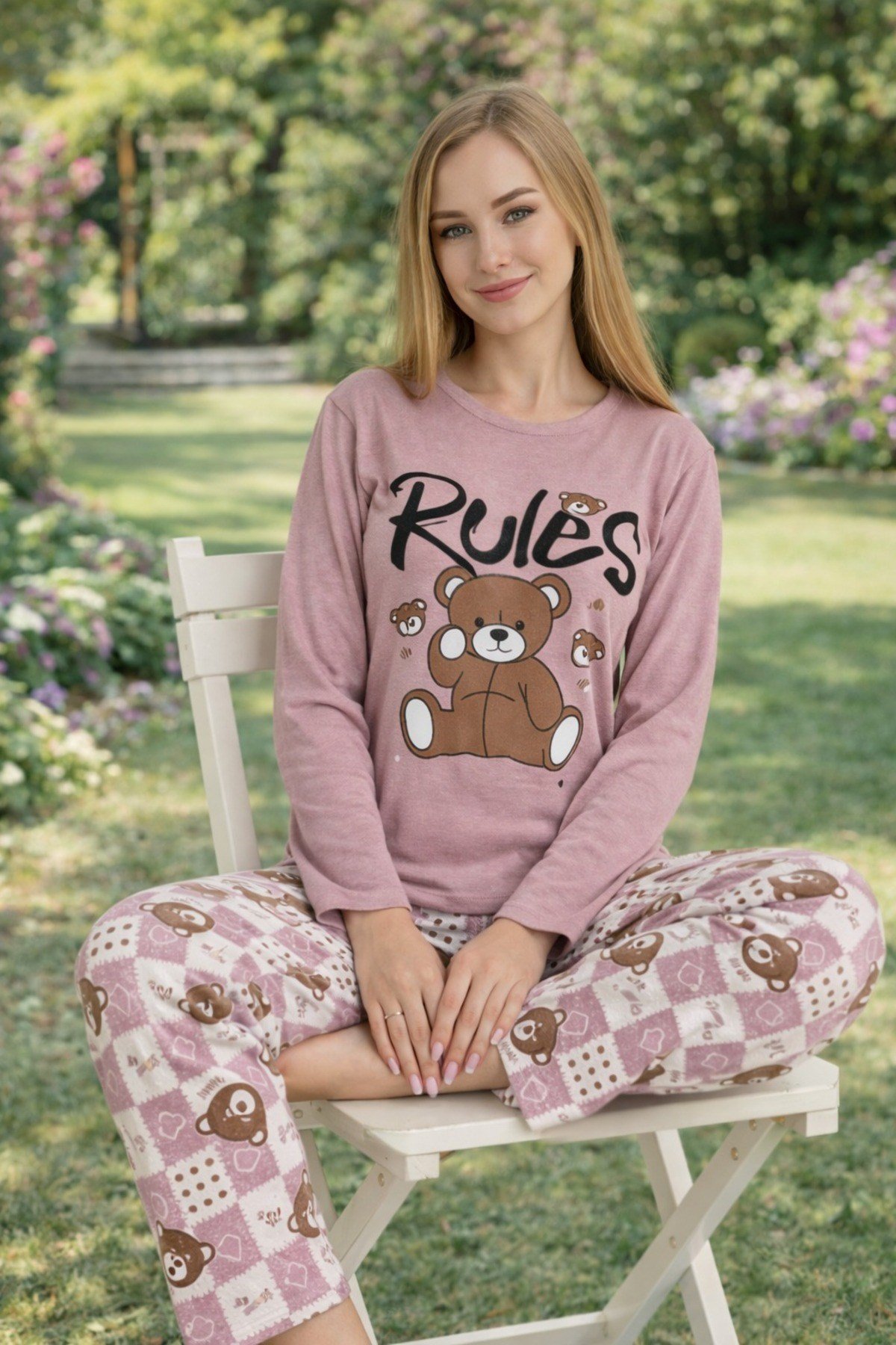 Kadın Rules Ayıcık Baskılı Süprem Uzun Kol Pijama Takımı
