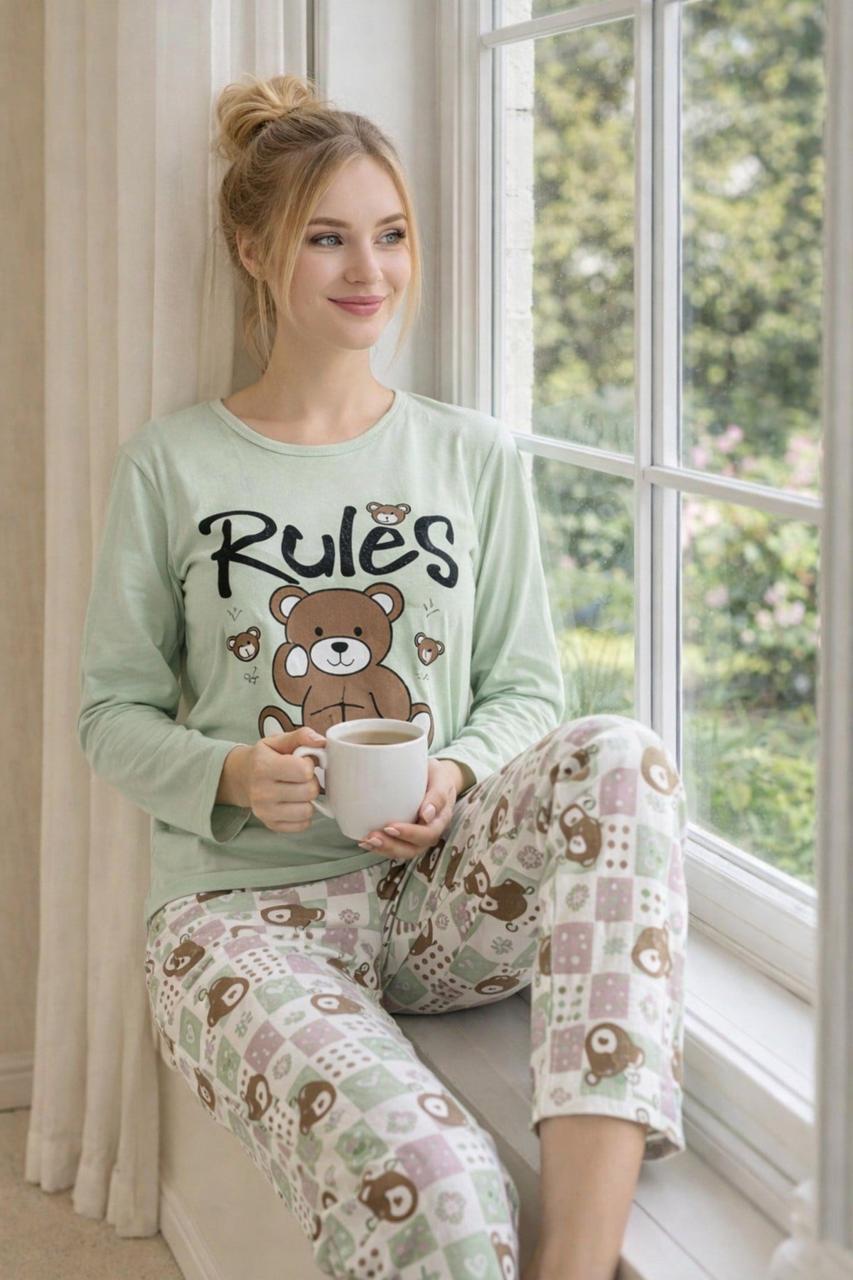 Kadın Rules Ayıcık Baskılı Süprem Uzun Kol Pijama Takımı