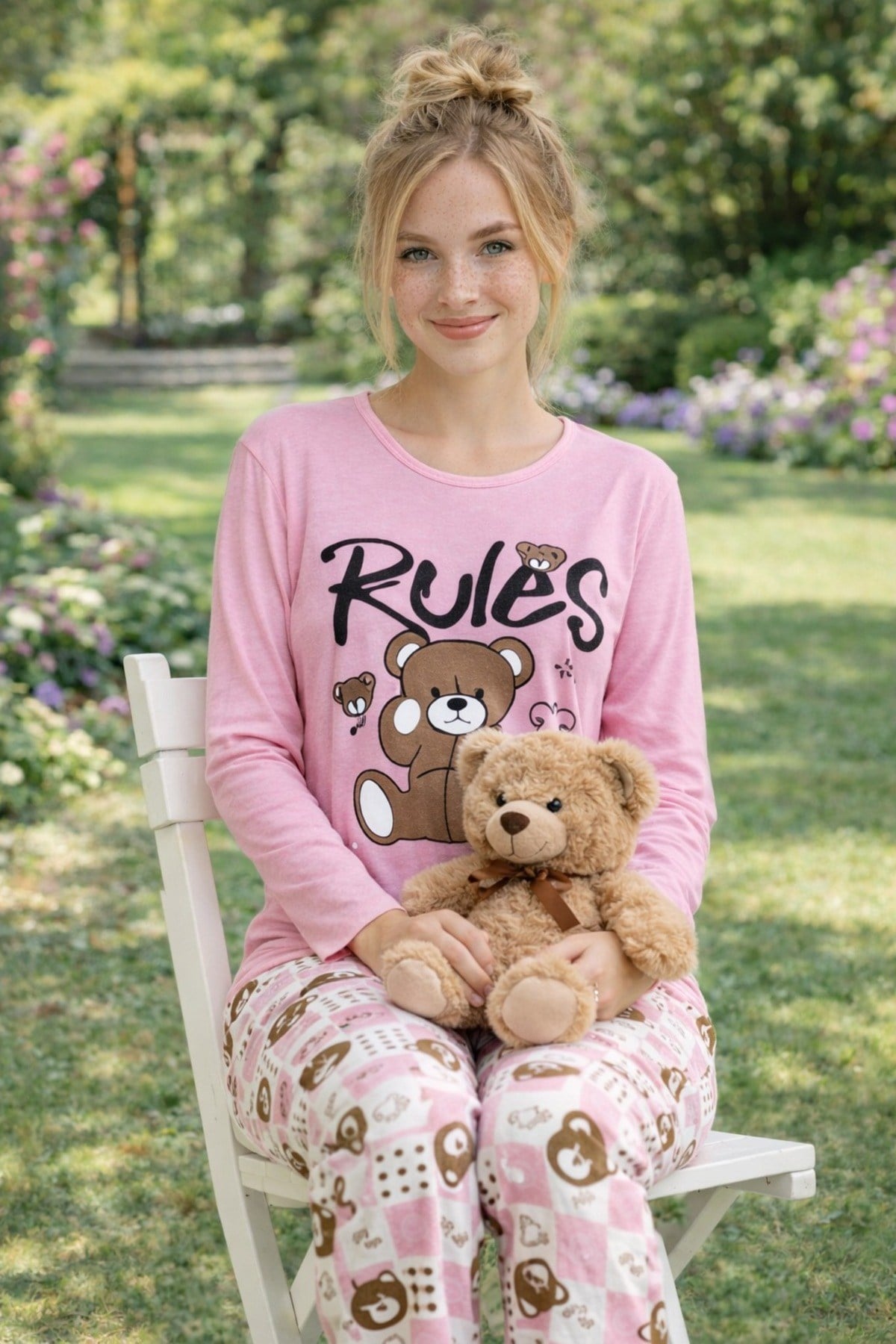 Kadın Rules Ayıcık Baskılı Süprem Uzun Kol Pijama Takımı
