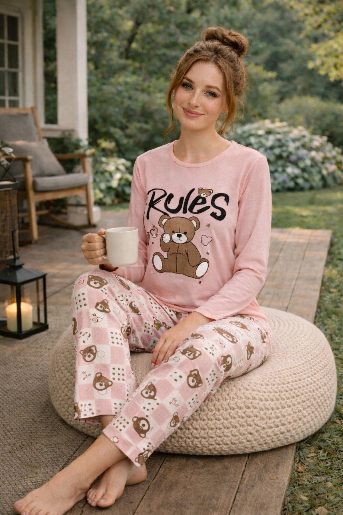 Kadın Rules Ayıcık Baskılı Süprem Uzun Kol Pijama Takımı