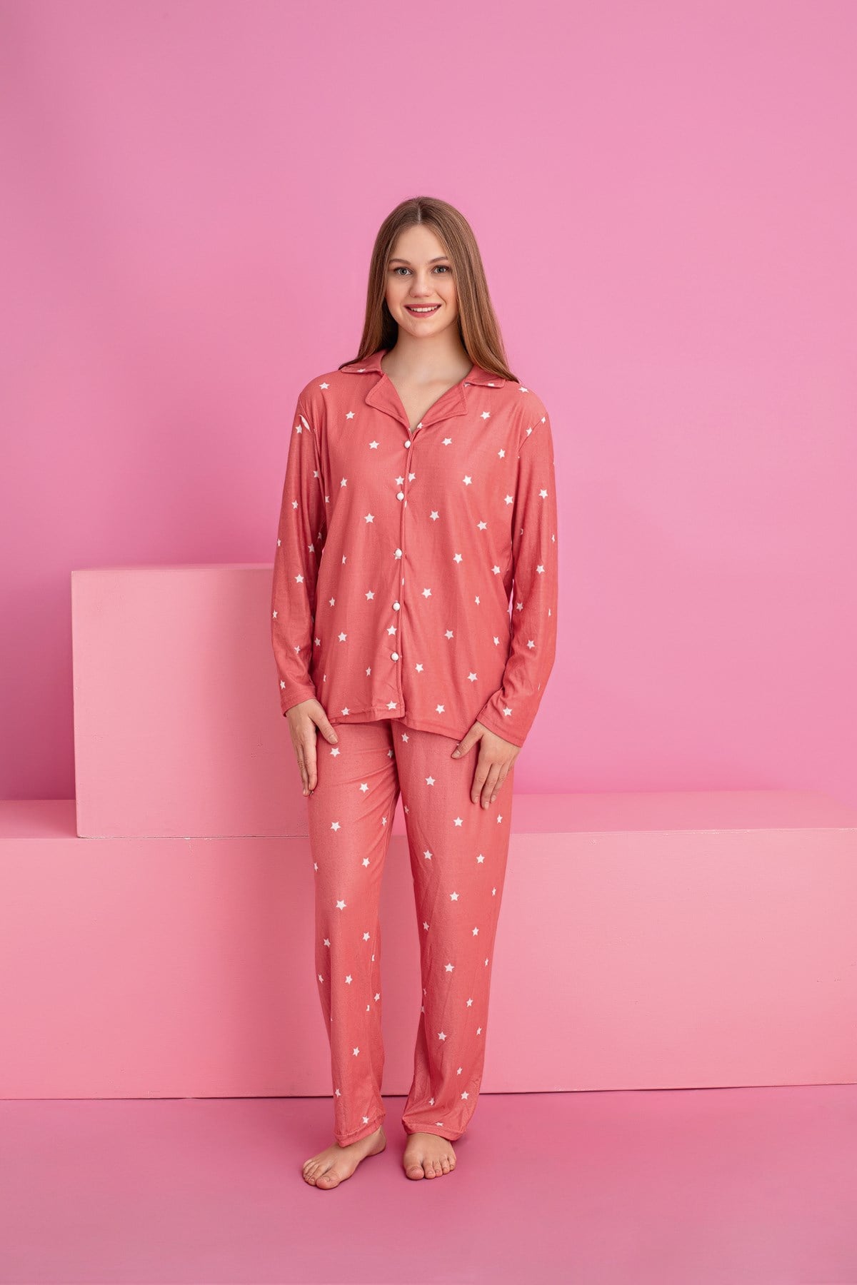 Kadın YILDIZLI Desenli Süet Örme Uzun Kol Kadın Düğmeli Pijama Takımı