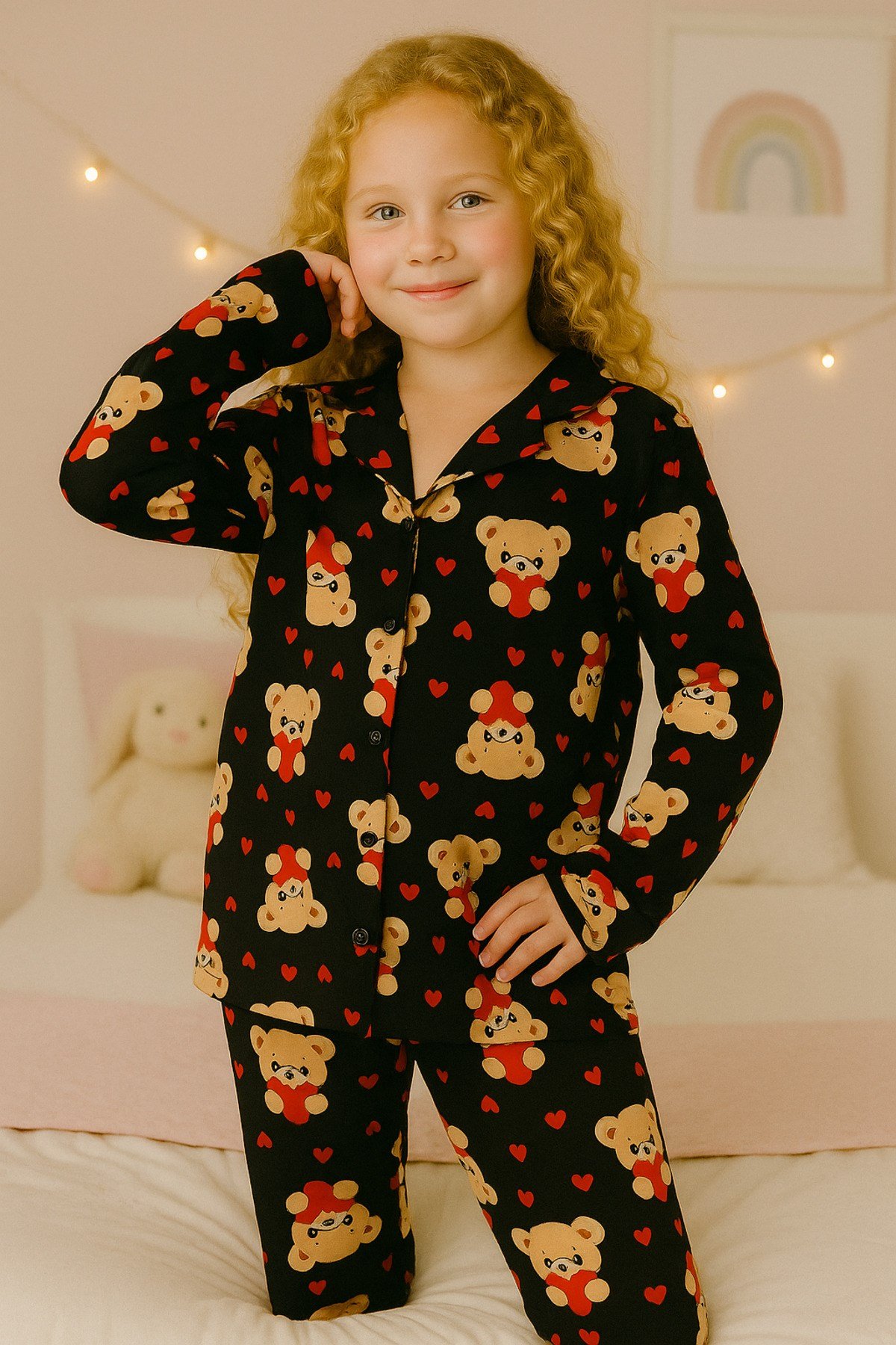 Kız Çocuk AYICIK Yakalı Önü Düğmeli Pijama Takımı