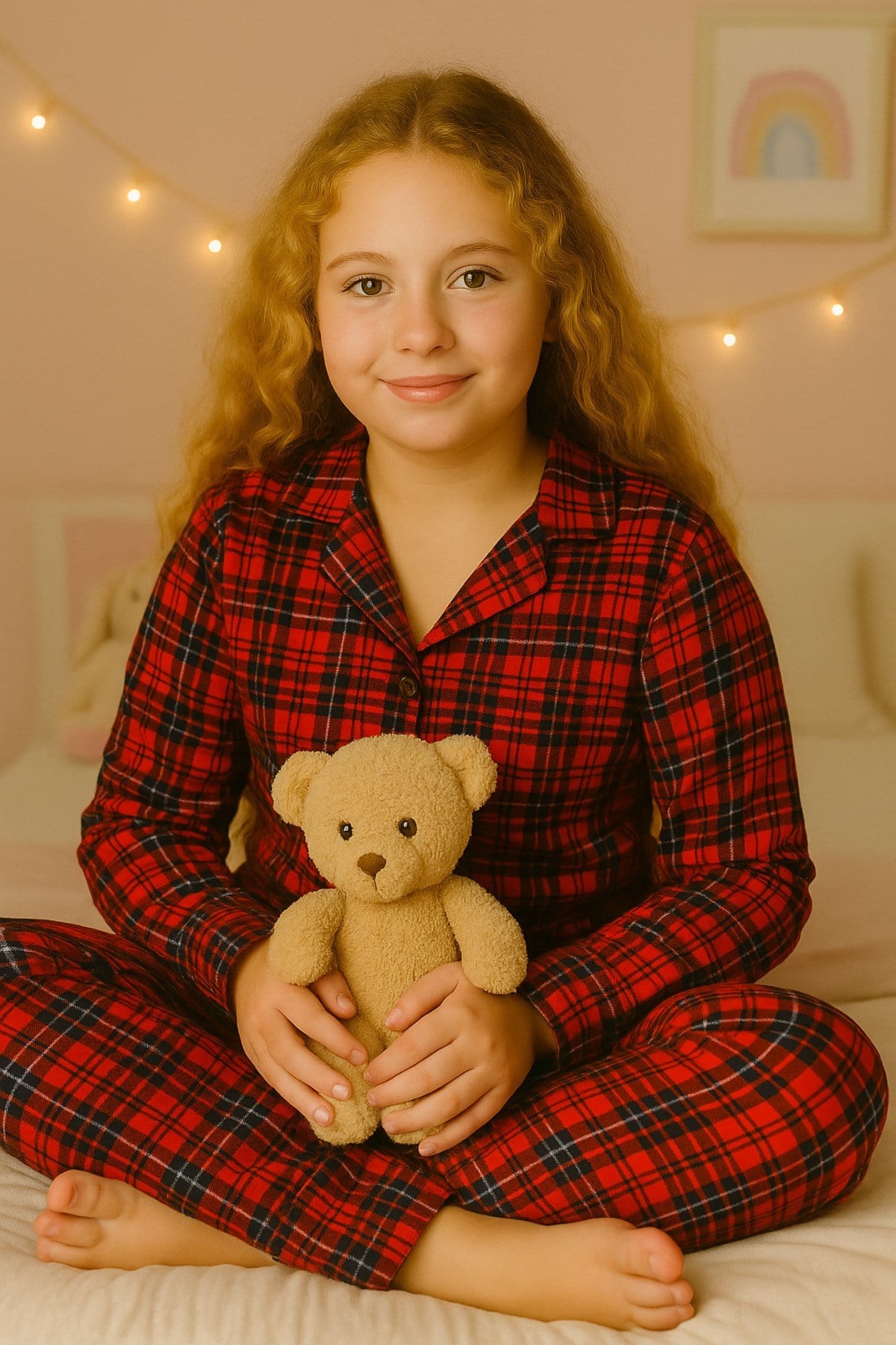 Kız Çocuk EKOSE Yakalı Önü Düğmeli Pijama Takımı