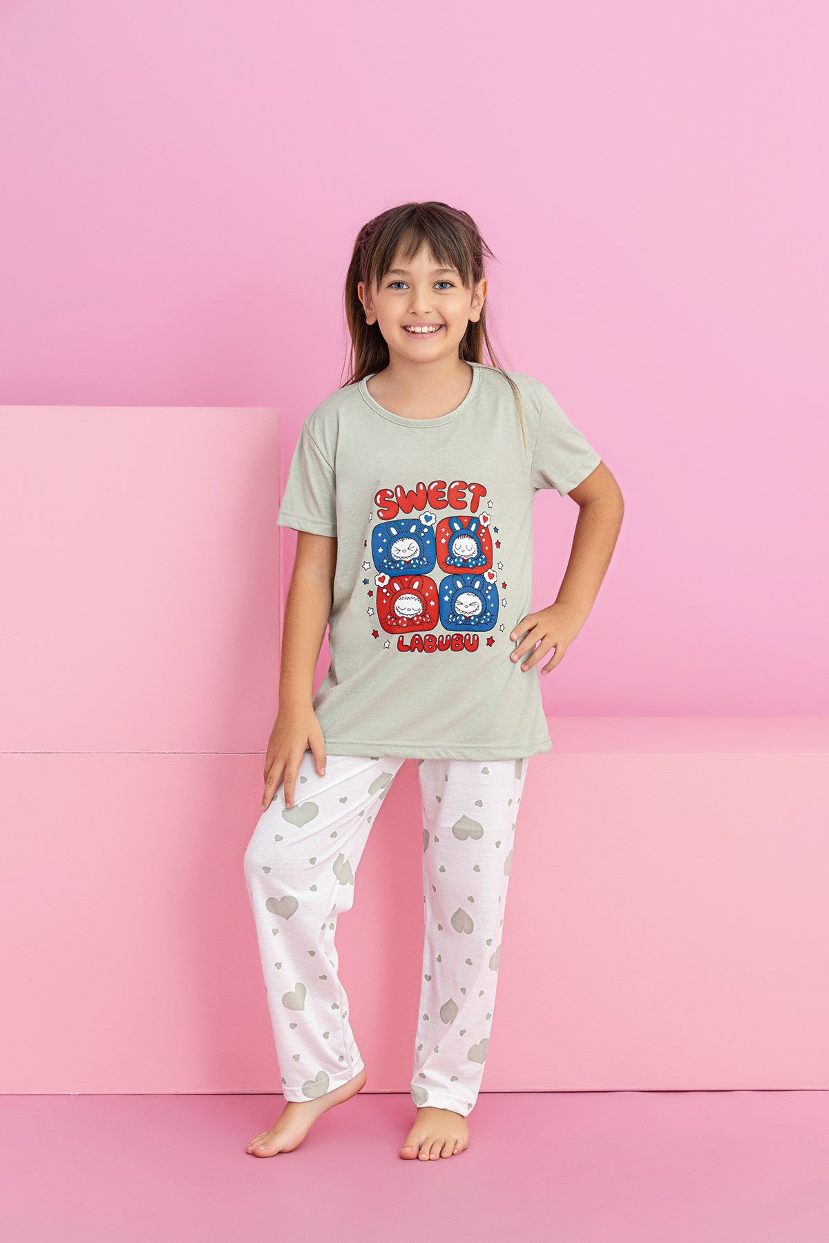 Kız Çocuk Kısakol Pijama Takımı Desenli
