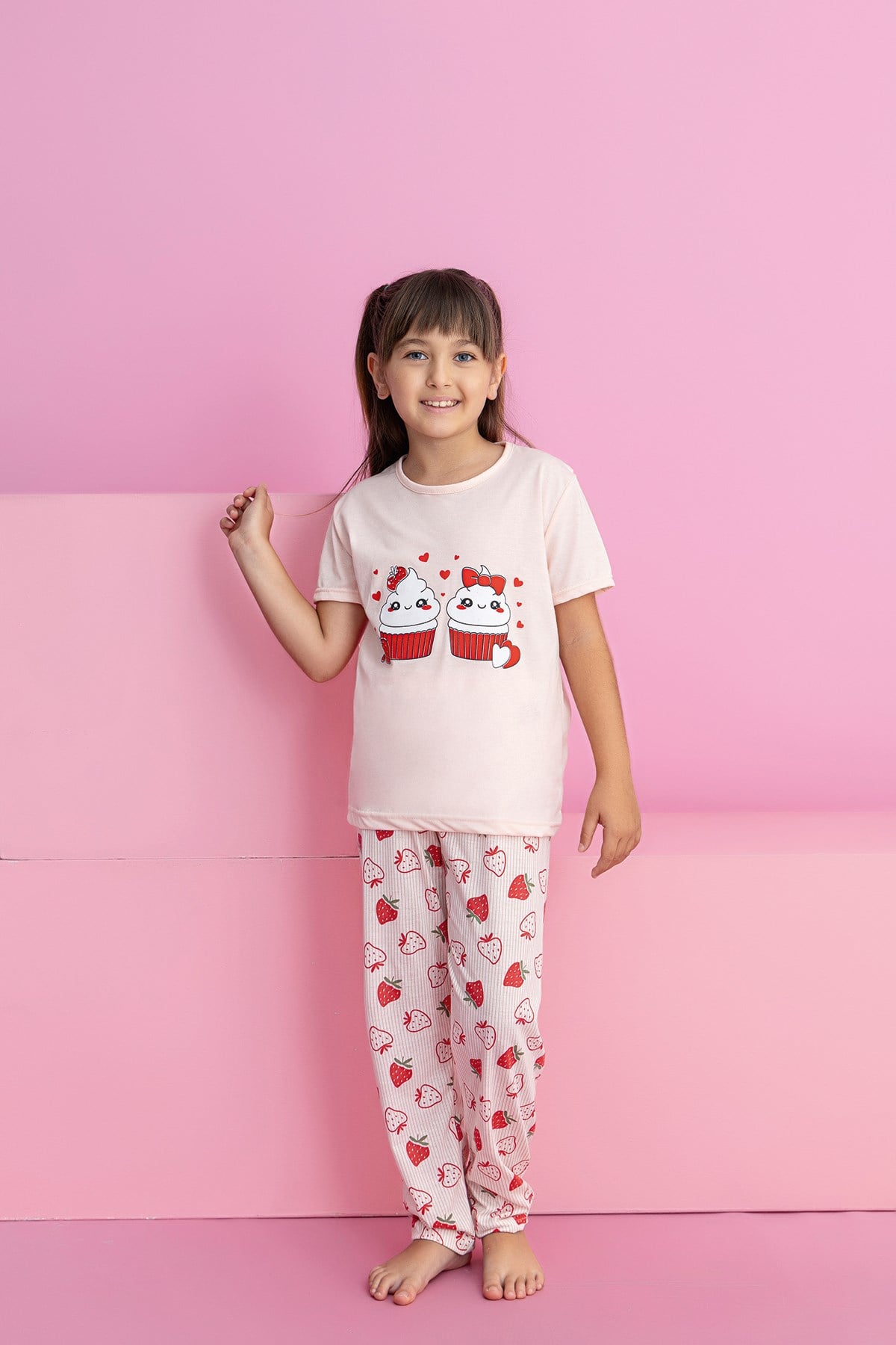 Kız Çocuk Kısakol Pijama Takımı Desenli