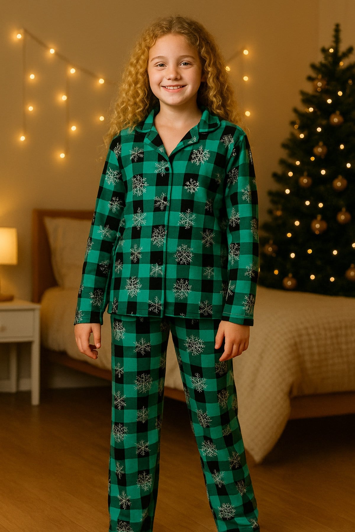 Kız Çocuk YESIL KAR DESEN EKOSE Yakalı Önü Düğmeli Pijama Takımı