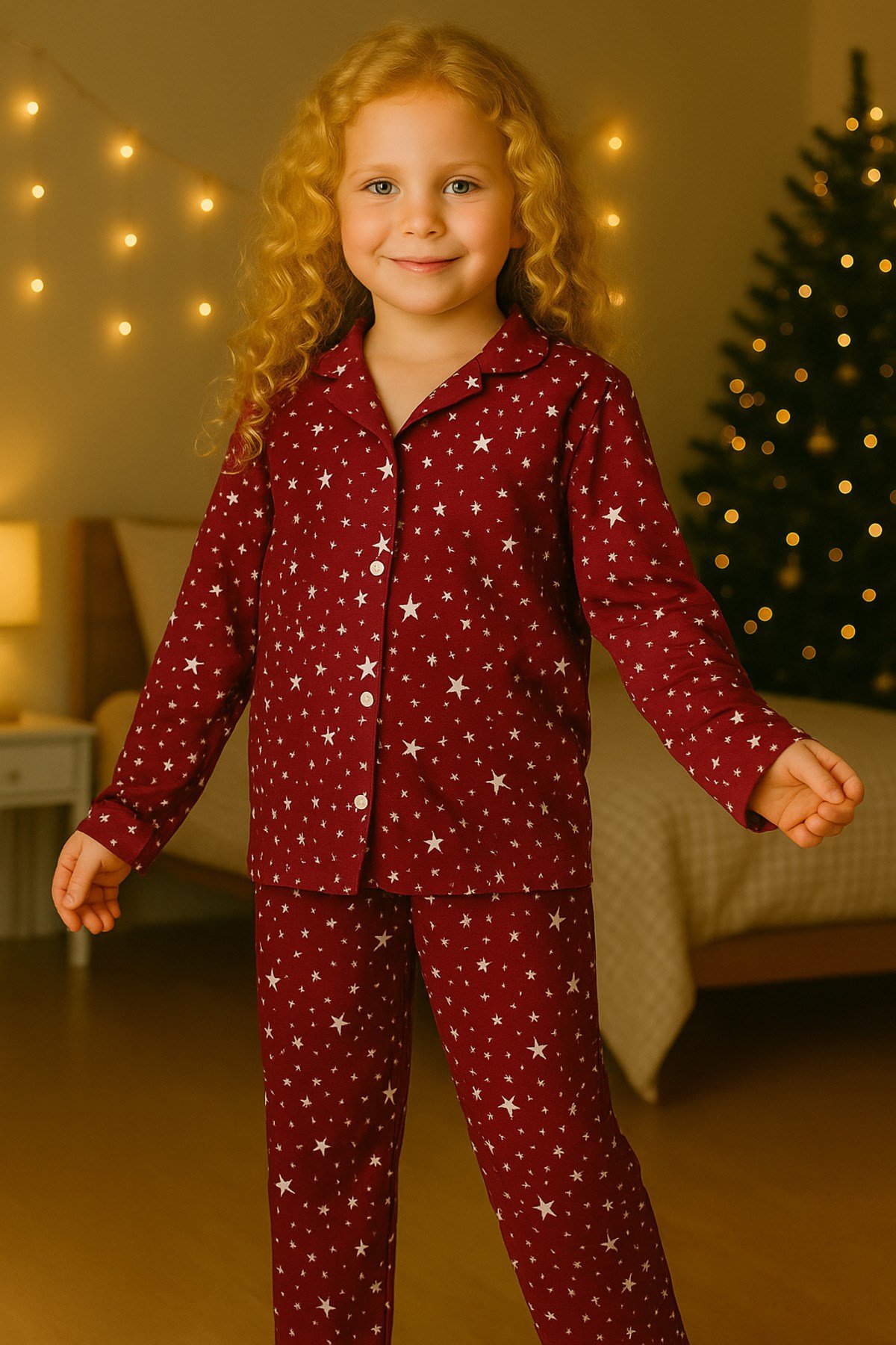 Kız YILDIZLI Çocuk Yakalı Önü Düğmeli Pijama Takımı