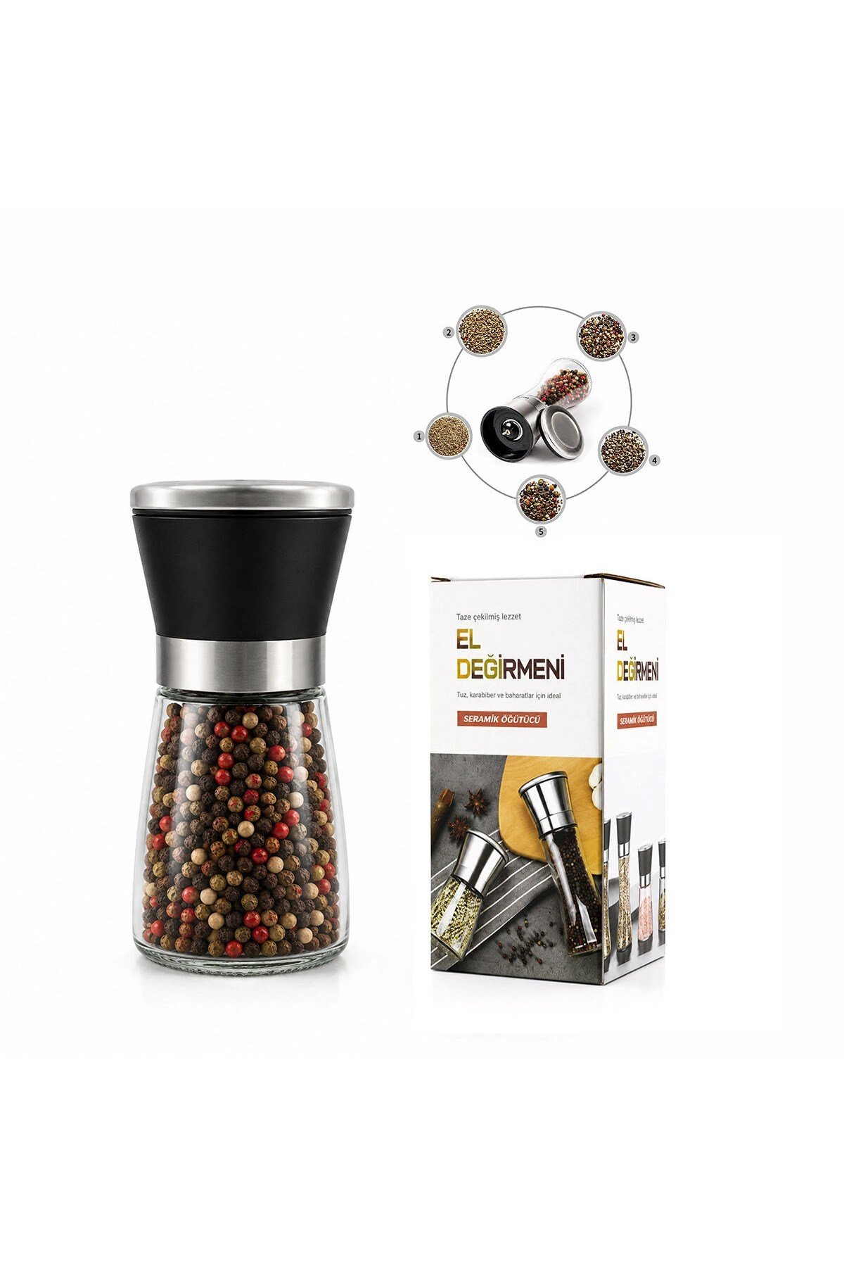 Hand Grınder Küçük Cam Hazneli - Pls.kapaklı - Krom Belli Tuz - Baharat Öğütücü Bx40