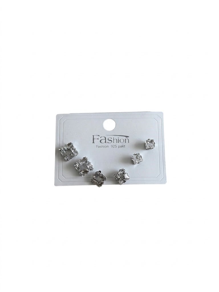 Taşlı Kare Silver Altılı Küpe