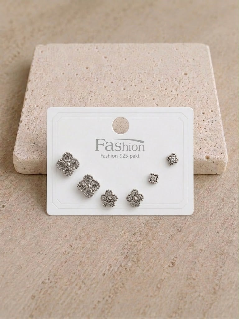 Taşlı Yonca Silver Altılı Küpe