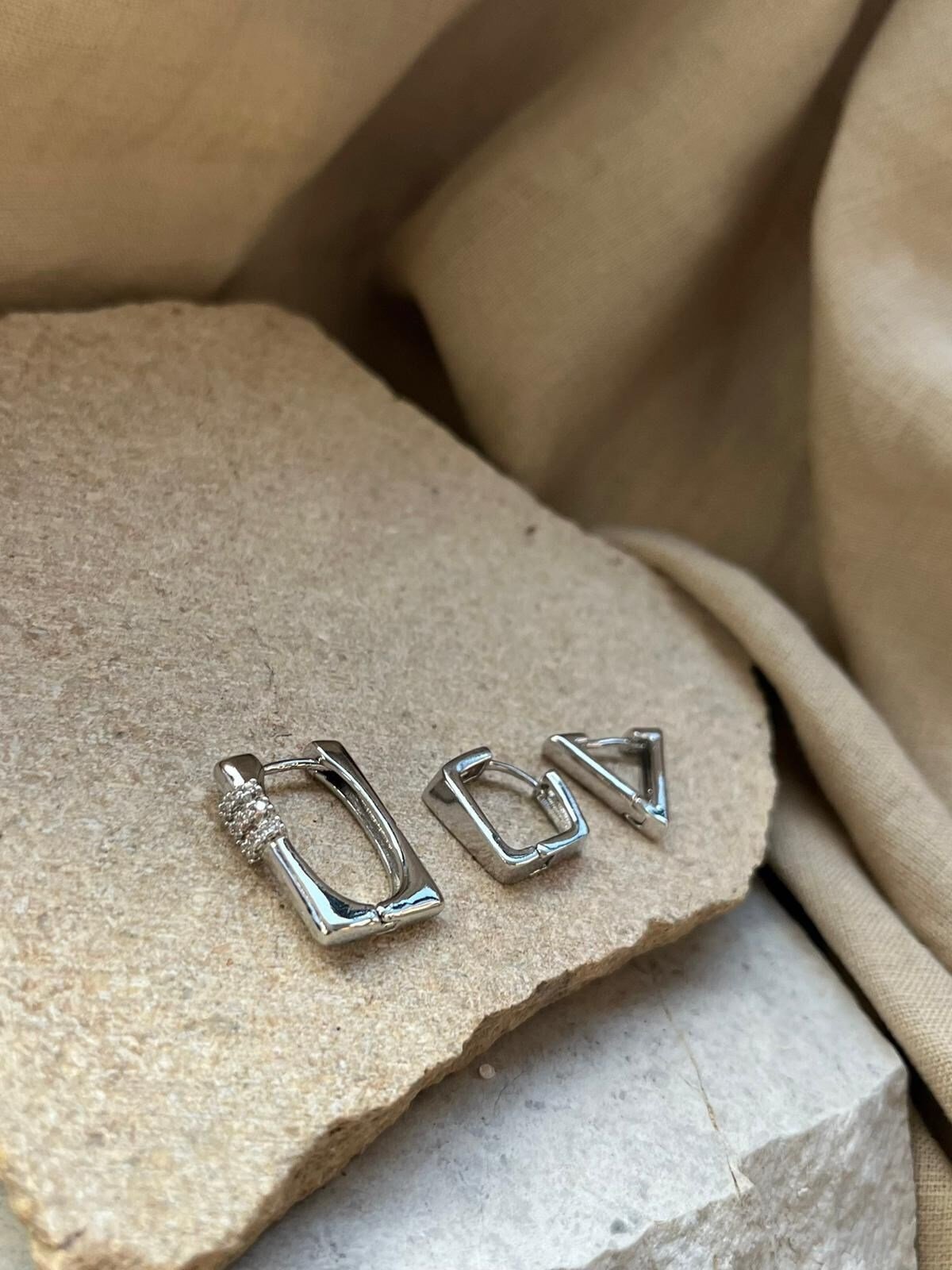 YSX Jewelry Gümüş Renkli Geometrik Üçlü Küpe Seti