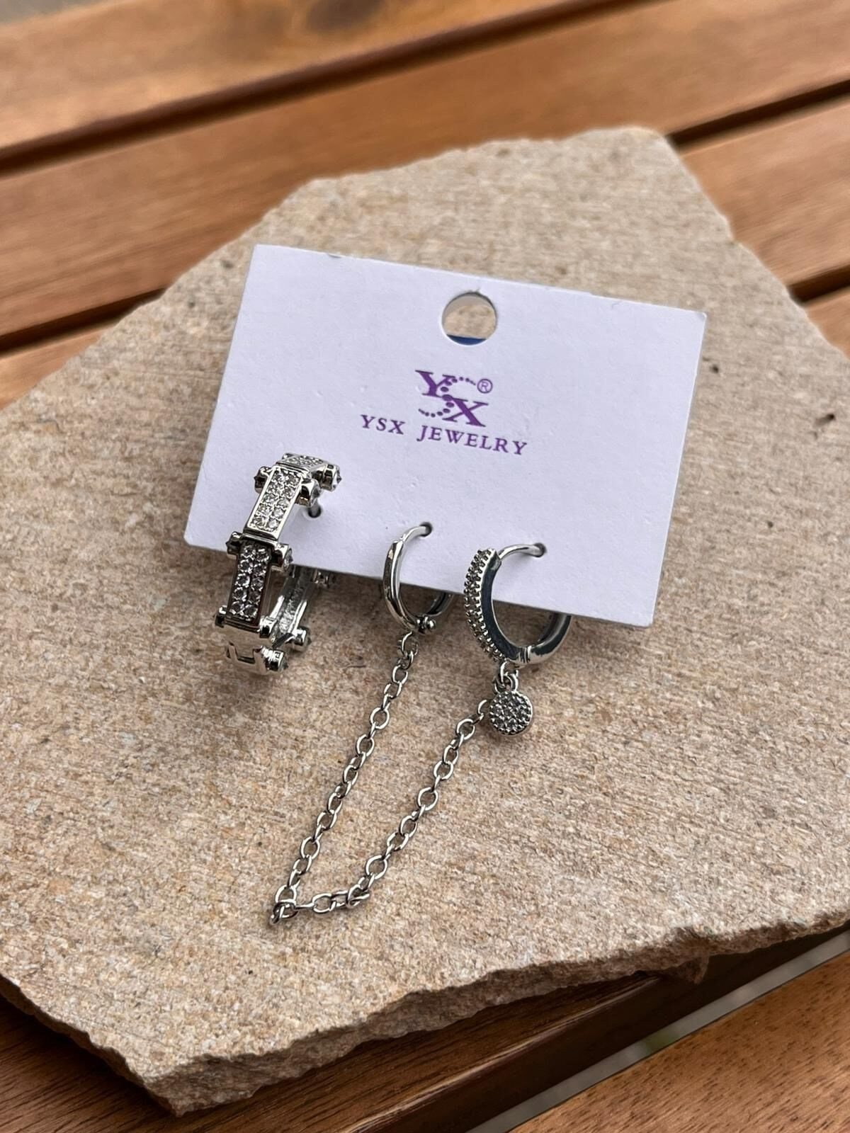 YSX Jewelry Halka Zincir Üçlü Küpe Seti