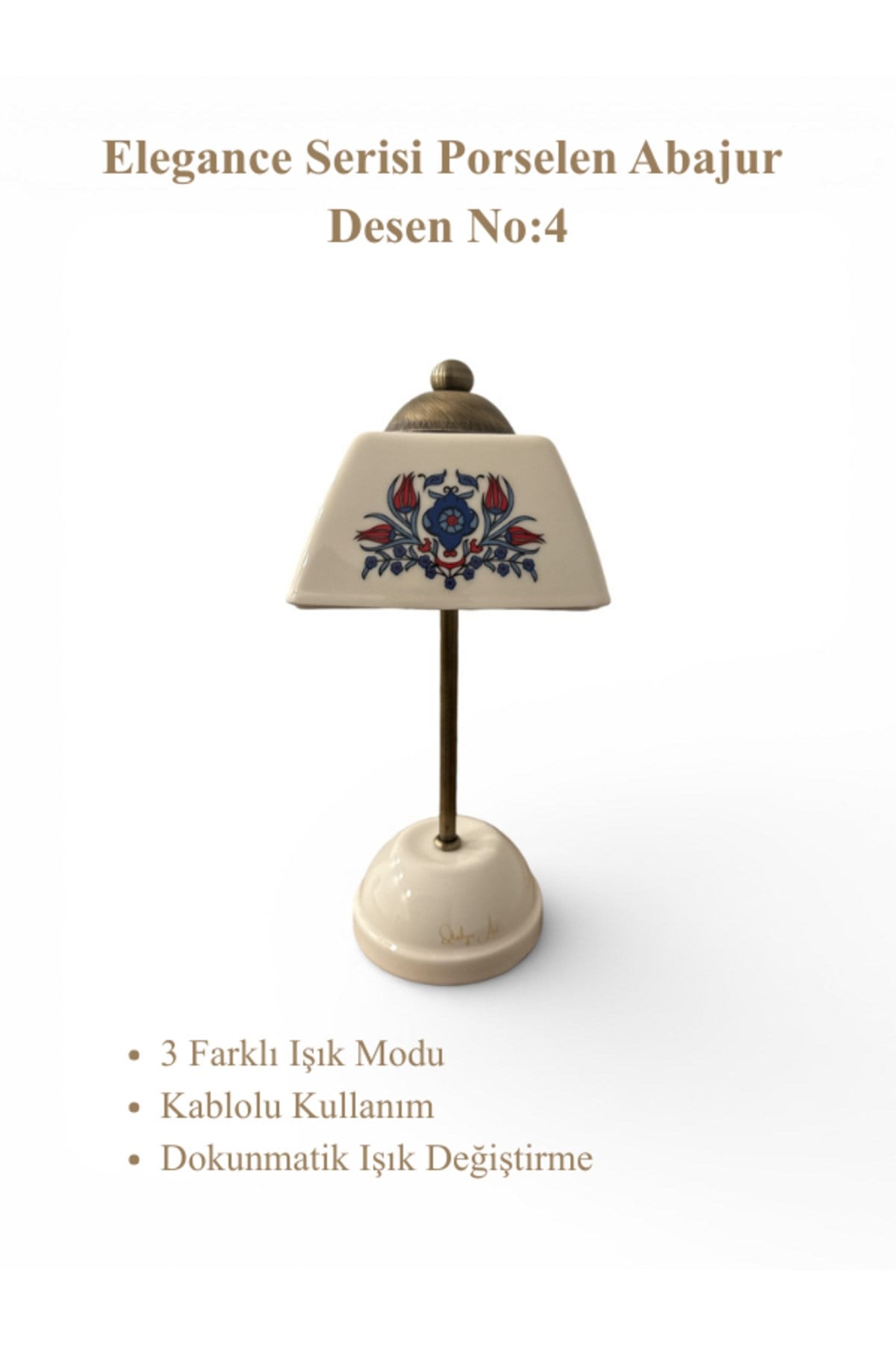 Elegance Serisi Porselen Abajur – Dekoratif Masa Lambası Desen No:4 - Kablolu