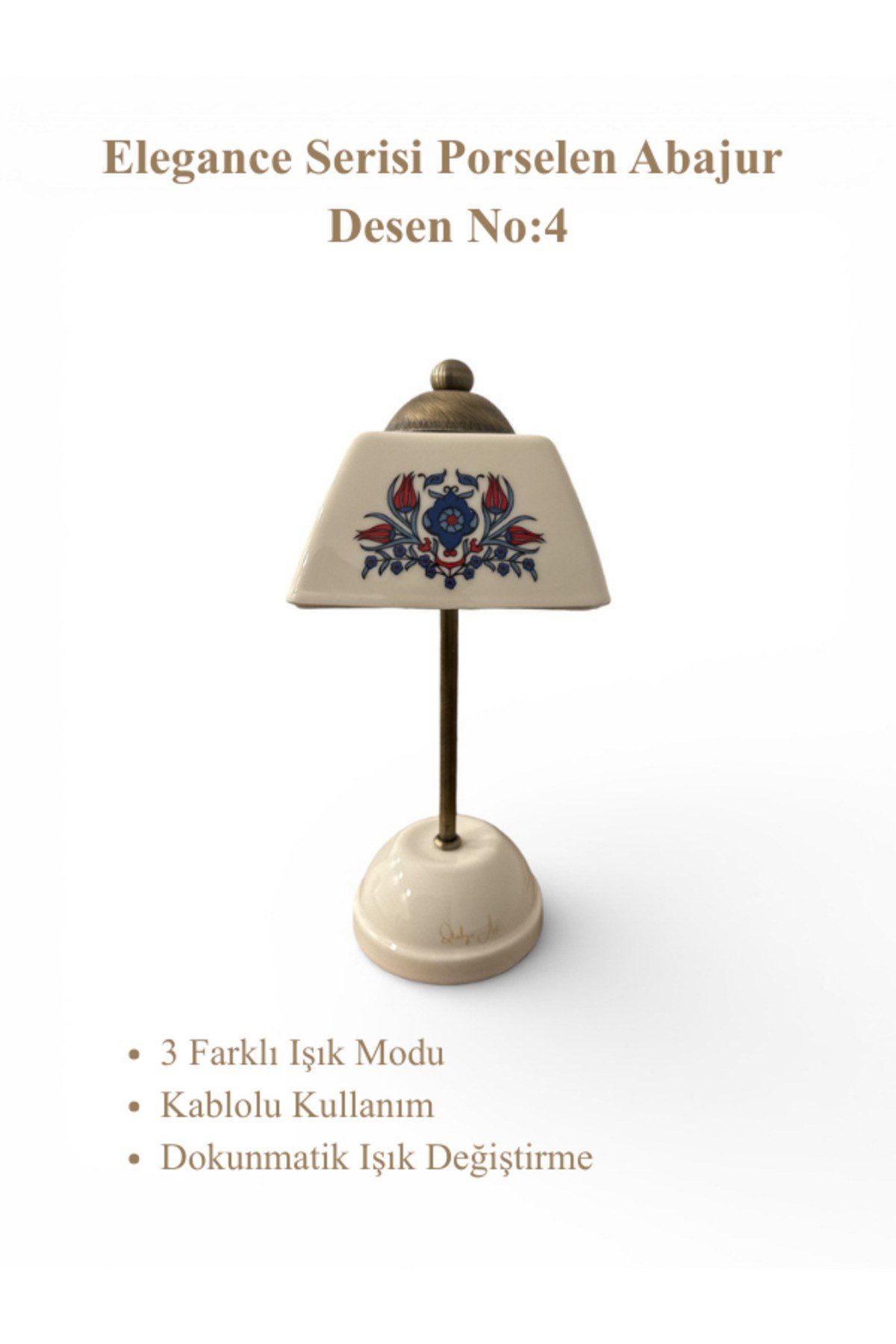 Elegance Serisi Porselen Abajur – Dekoratif Masa Lambası Desen No:4 - Kablolu