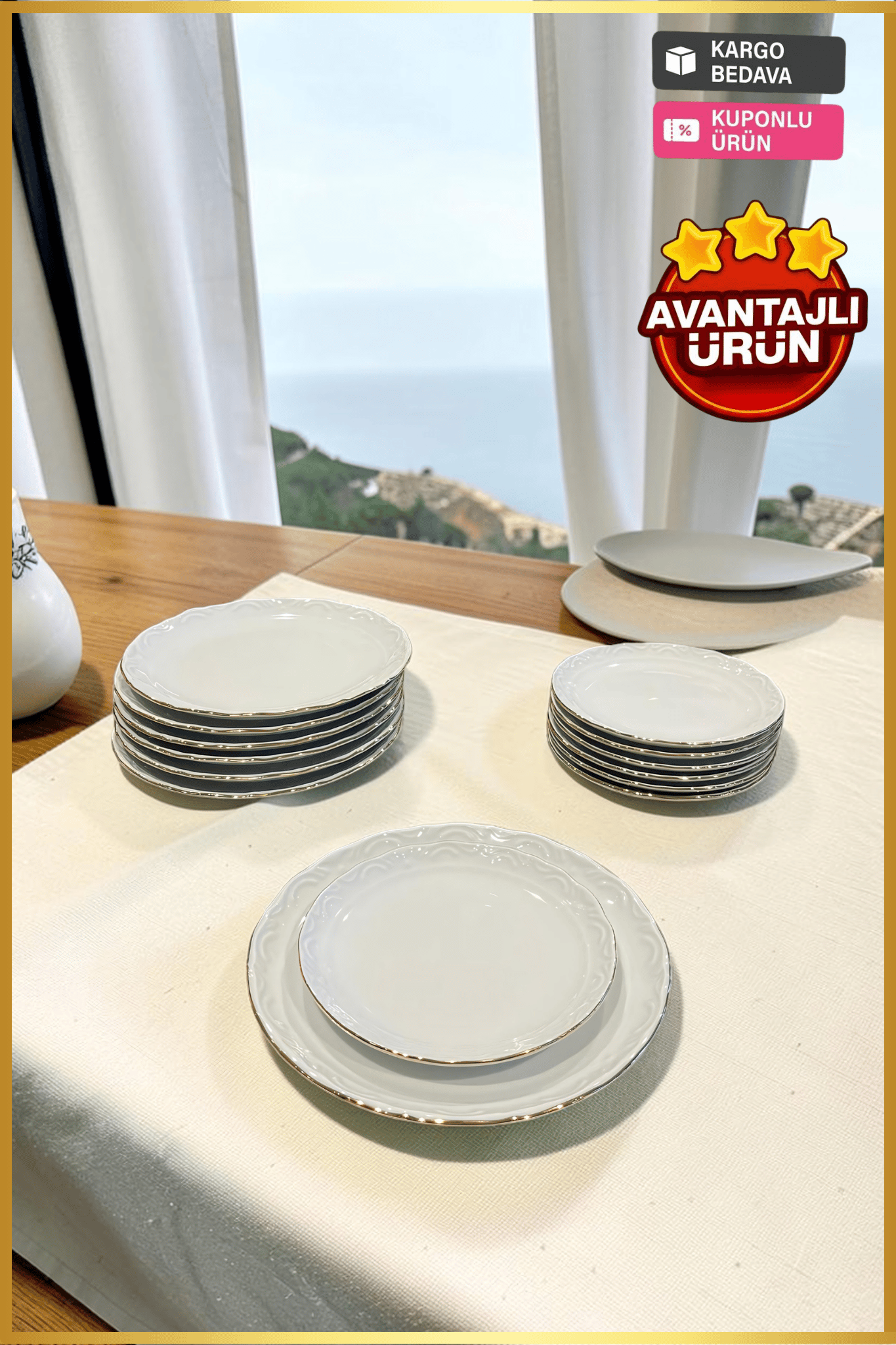 Porland Porselen Altın Yaldız 12 Parça 6 Kişilik Kahvaltı ve İkram Takımı