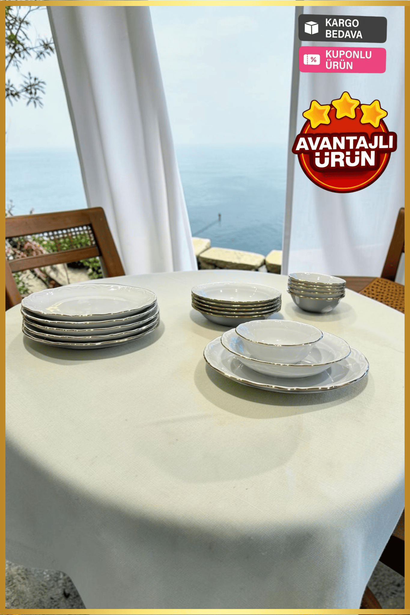 Porland Porselen Altın Yaldız 18 Parça 6 Kişilik Yemek Takımı
