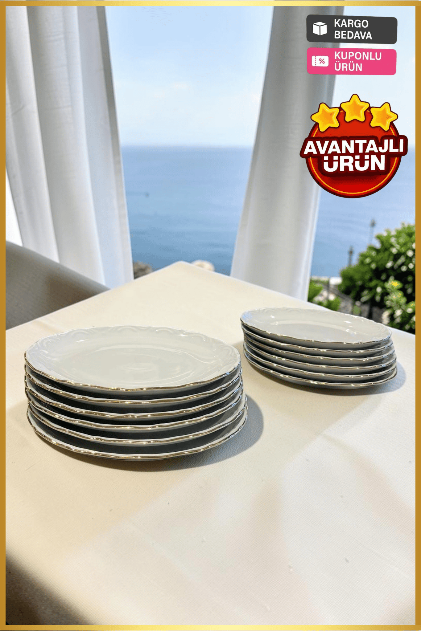 Porland Porselen Altın Yaldız 25 cm Servis Tabağı 12 Adet