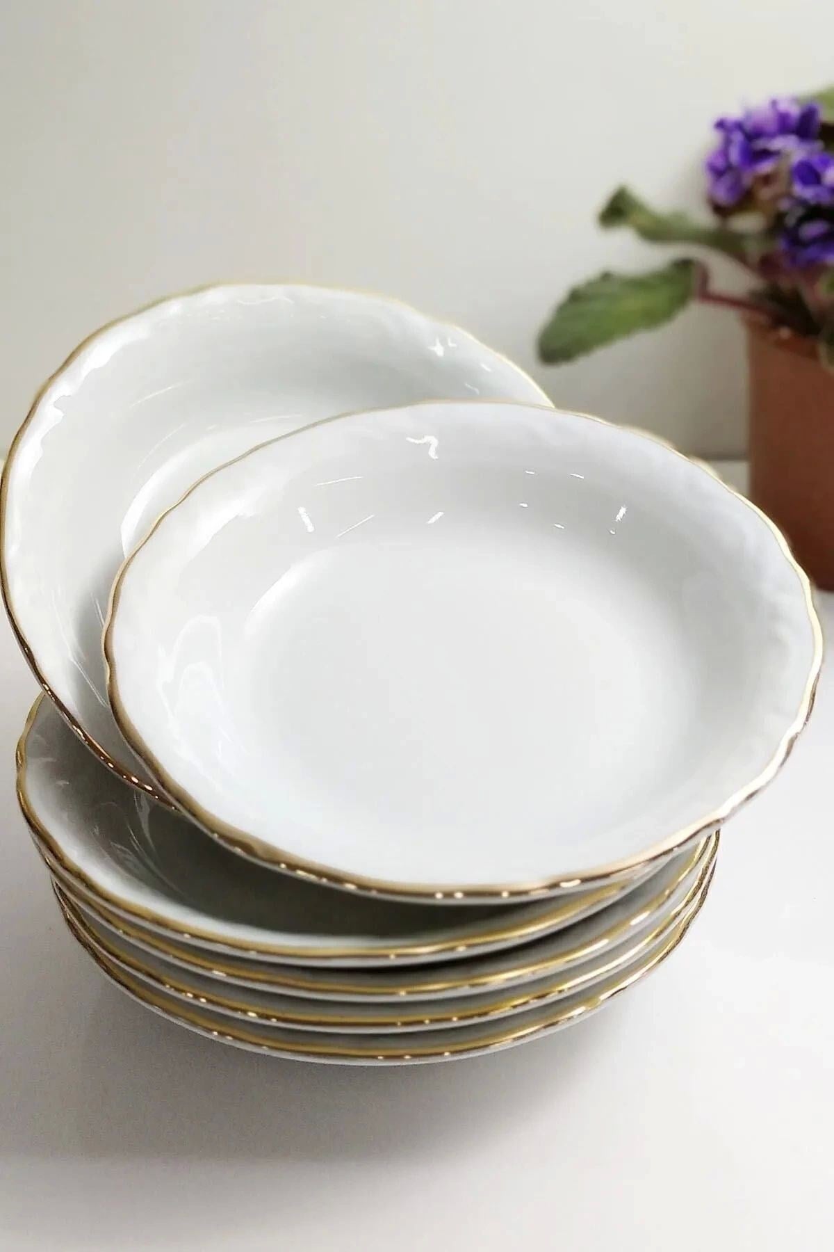 Porselen 12'li Altın Yaldız 17 Cm Çukur Tabak Prl006